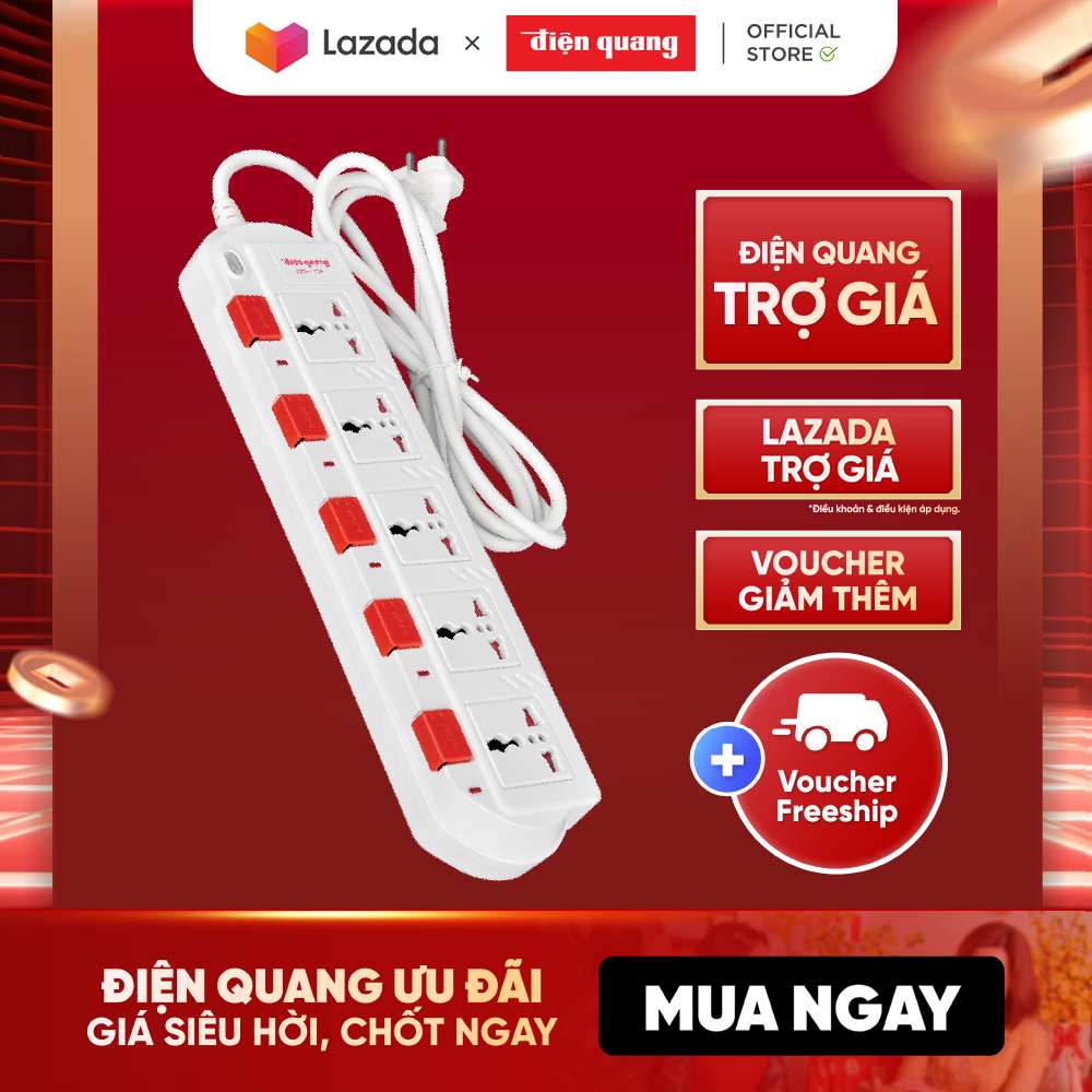 Ổ cắm Điện Quang ĐQ ESK 5W.SM750SL (5 lỗ 3 chấu dây 5 mét màu Trắng Đỏ) - Tương thích nhiều loại châ