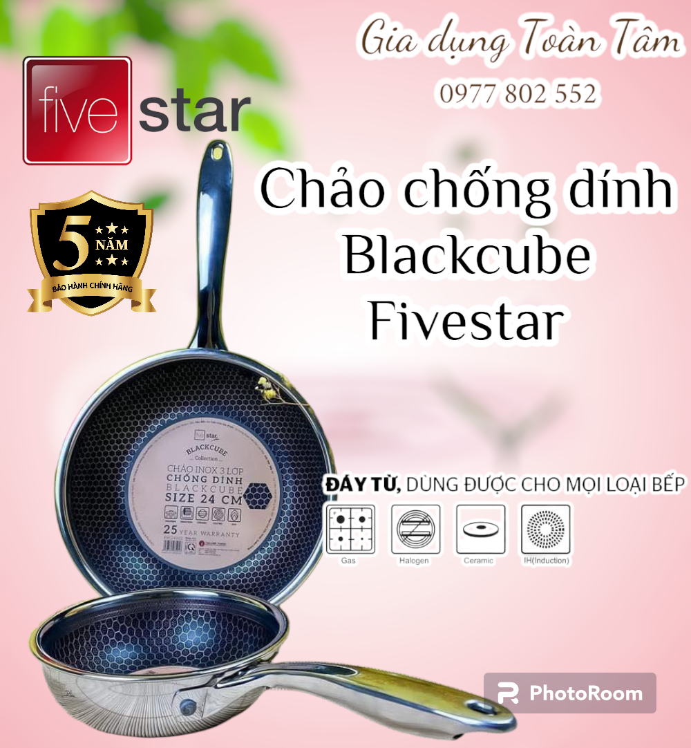 Chảo chống dính BlackCube Fivestar 16, 20, 22, 24, 26, 28 cm. Chảo chống trầy tổ ong Black Cube dùng