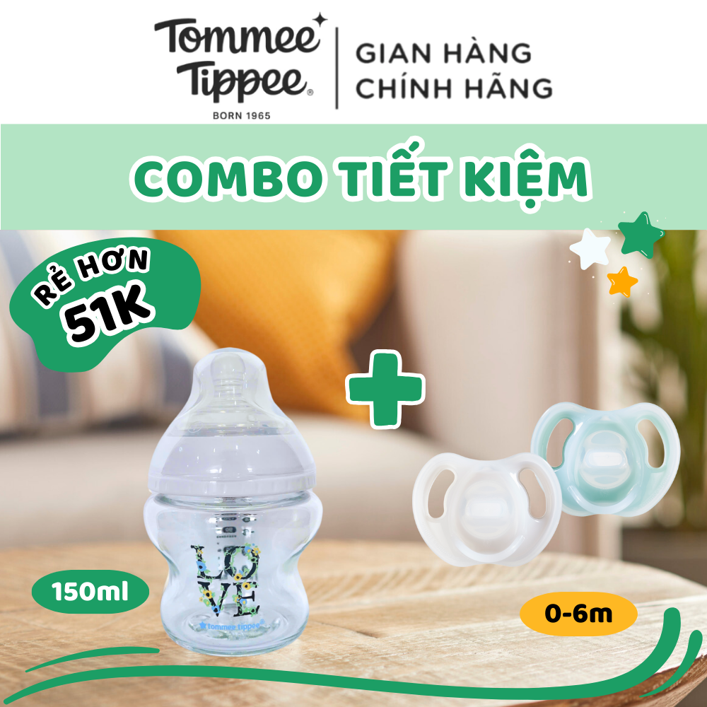 COMBO Ty Ngậm Silicon Siêu Nhẹ Tommee Tippee Ultra Light 0-6m & Bình Sữa Thủy Tinh Tommee Tippee Clo