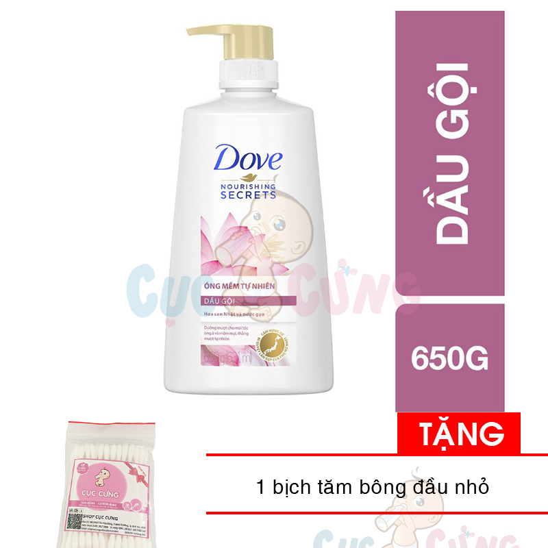 Dầu Gội Dove Thiên Nhiên Óng Mềm Tự Nhiên Chai 650G Tặng Bịch Tăm Bông Đầu Nhỏ