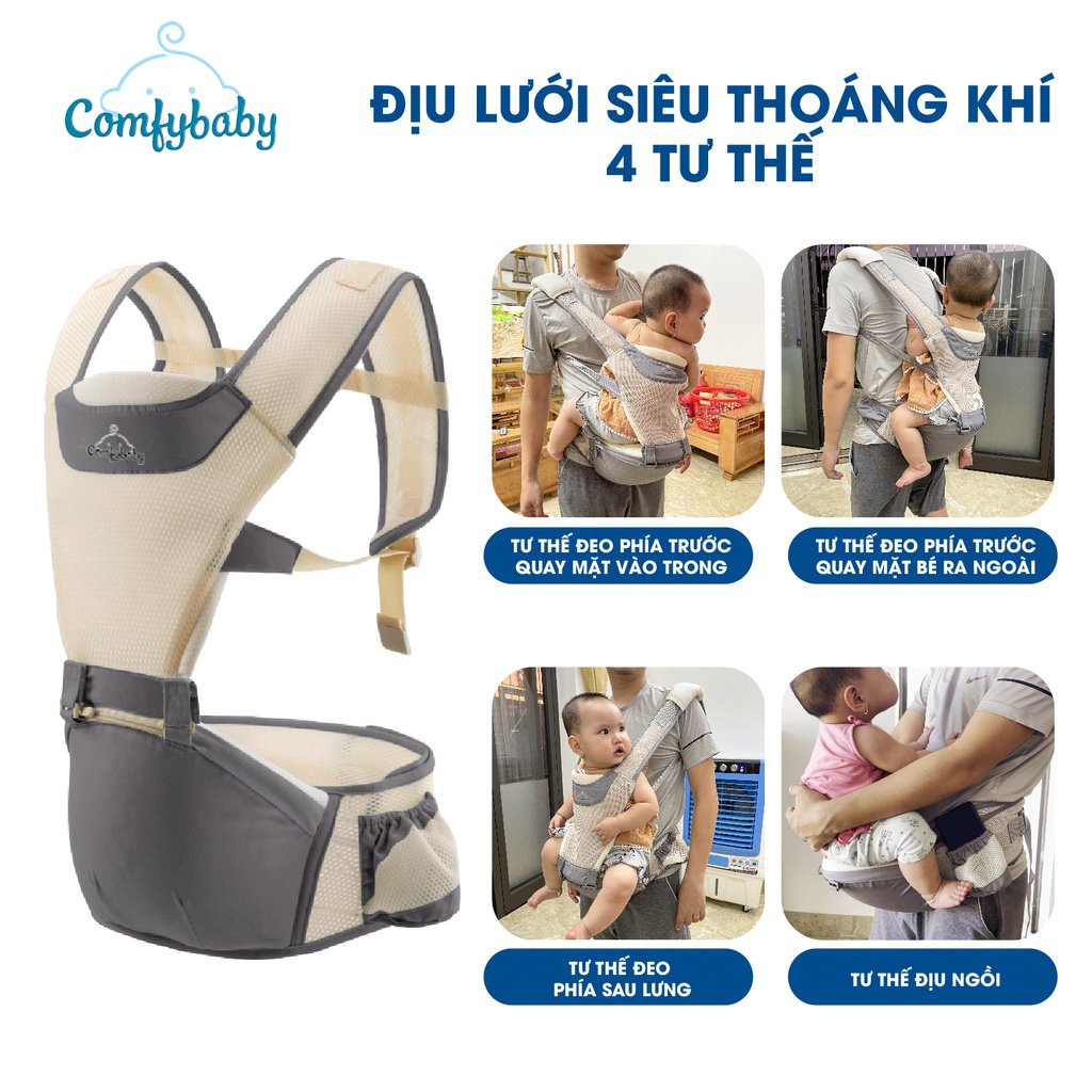 Địu em bé 4 tư thế có Hipseat ( ghế ngồi) Comfybaby 906 - Địu trợ lực cho bé siêu thoáng khí chống v