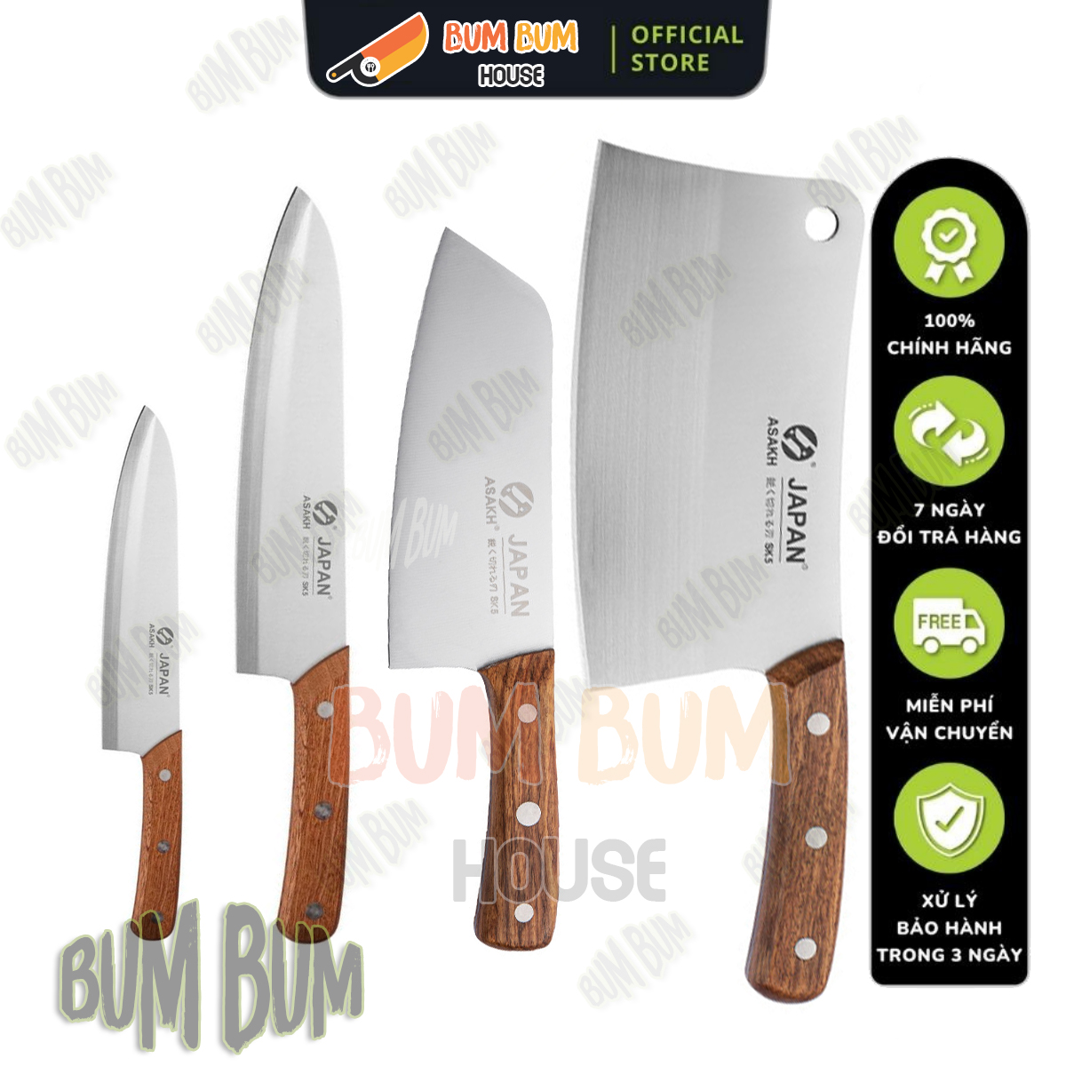 Bộ 4 Dao Nhà Bếp Cao Cấp Thép Nguyên Khối Không Rỉ Nhật Bản dán cán gỗ chặt sương lớn Kéo cắt gà siê