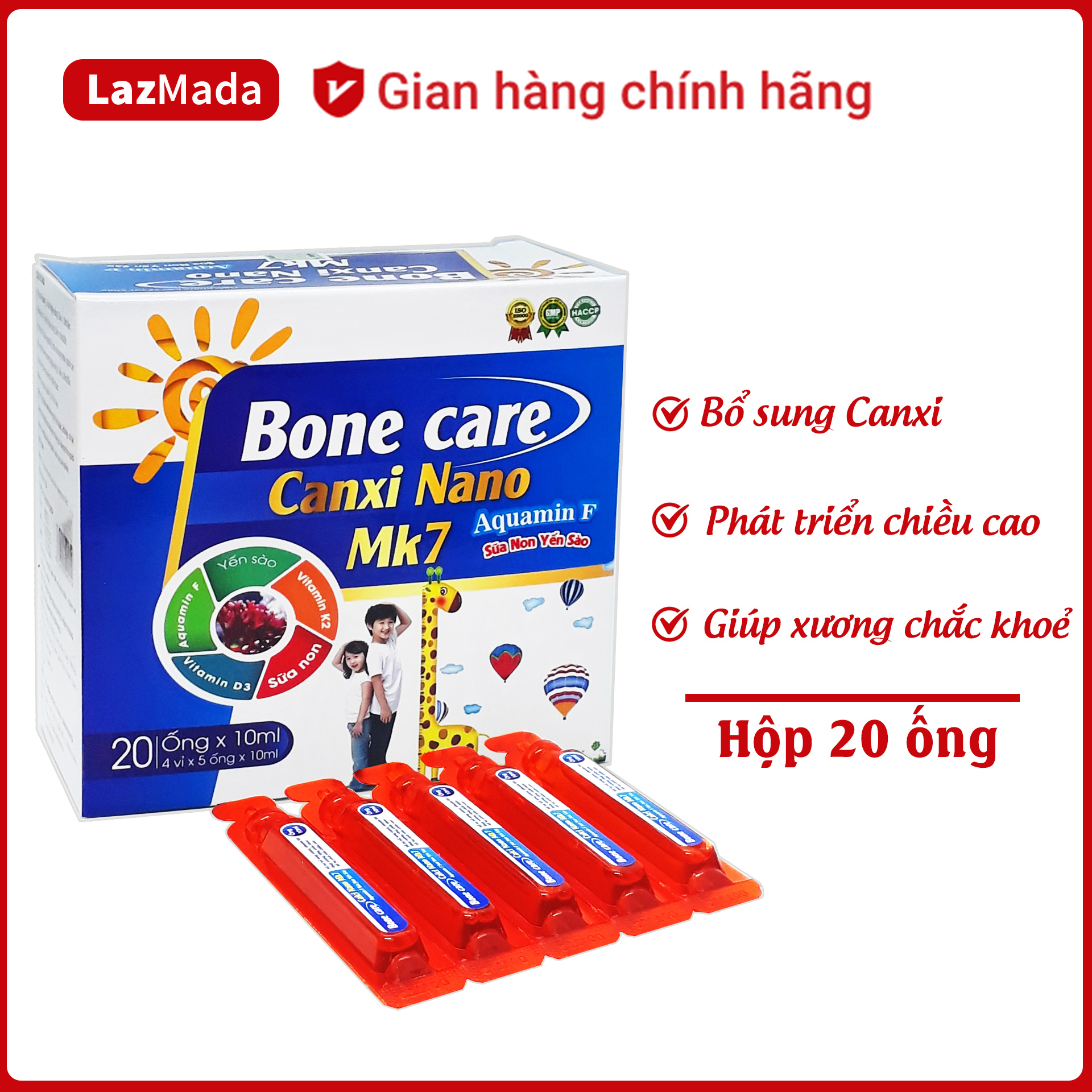 Siro tăng chiều cao Bone Care Canxi Nano Mk7 - Bổ sung canxi vitamin giúp phát triển chiều cao xương chắc khỏe giảm còi xương cho trẻ   - Hộp 20 ống 10ml chuẩn GMP