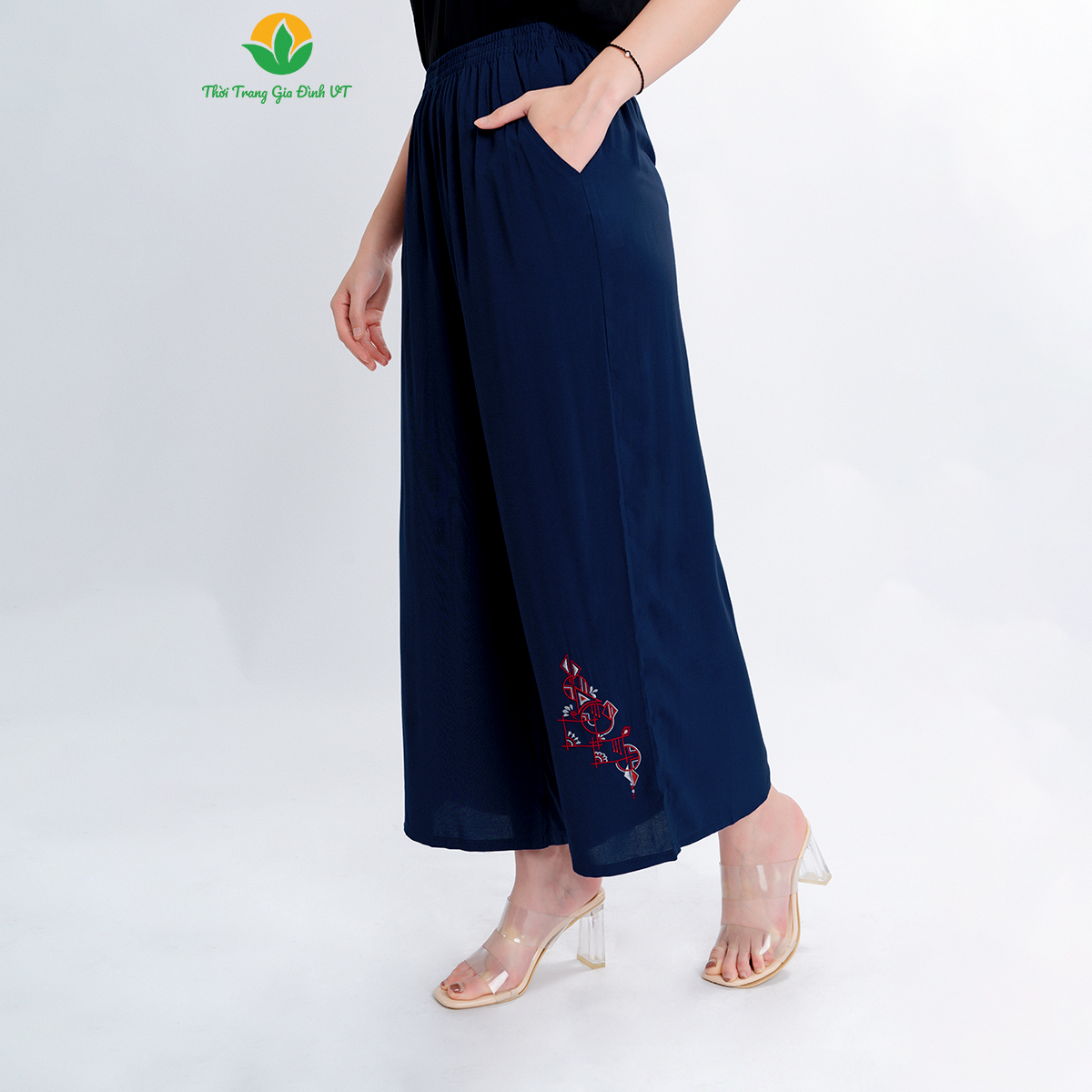 Quần dài lanh nữ trung niên thêu họa tiết  quần ống suông rộng thời trang Việt Thắng - Q06.2403