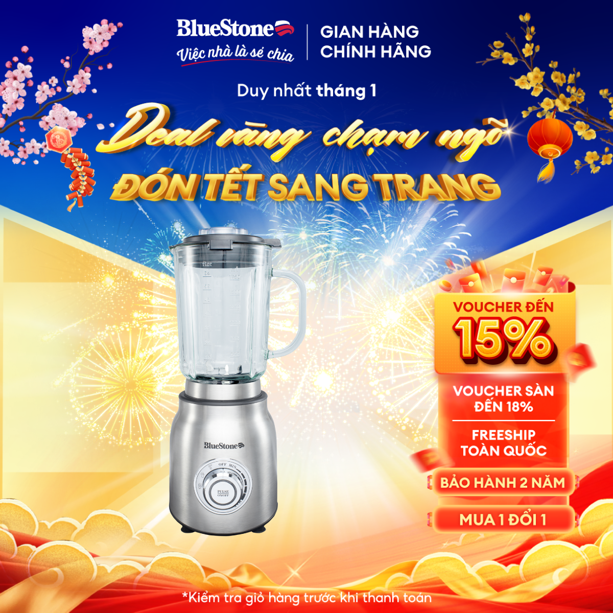 Máy Xay Sinh Tố BlueStone BLB-5377 (1.75 Lít)  - Công suất 1000W - Lưỡi dao răng cưa 6 cánh bằng thé