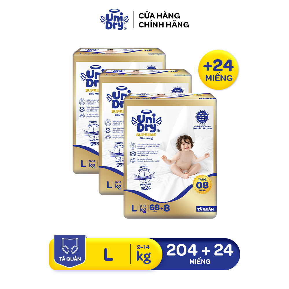 [Siêu mỏng 2mm] Combo 3 tã quần UniDry Supreme size M76/L68/XL60/XXL54 + 8 miếng