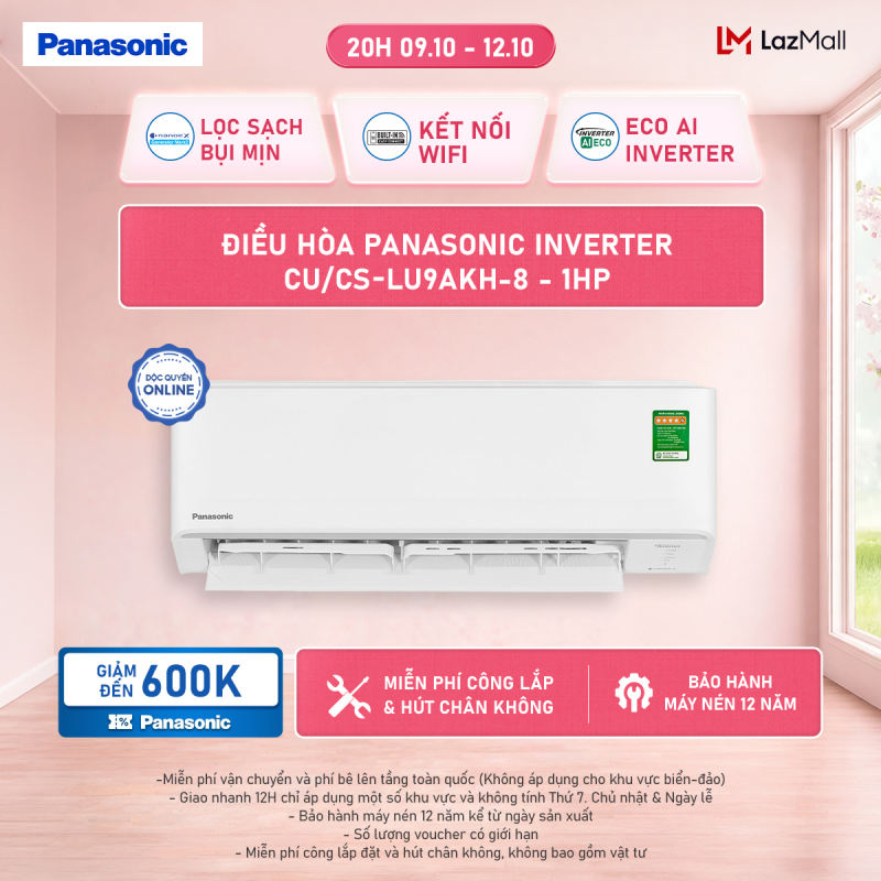 Máy lạnh/ Điều hòa Panasonic Inverter CU/CS-LU9AKH-8 - 1HP - Một chiều - Eco AI - Lọc sạch không khí NanoeX - Wifi