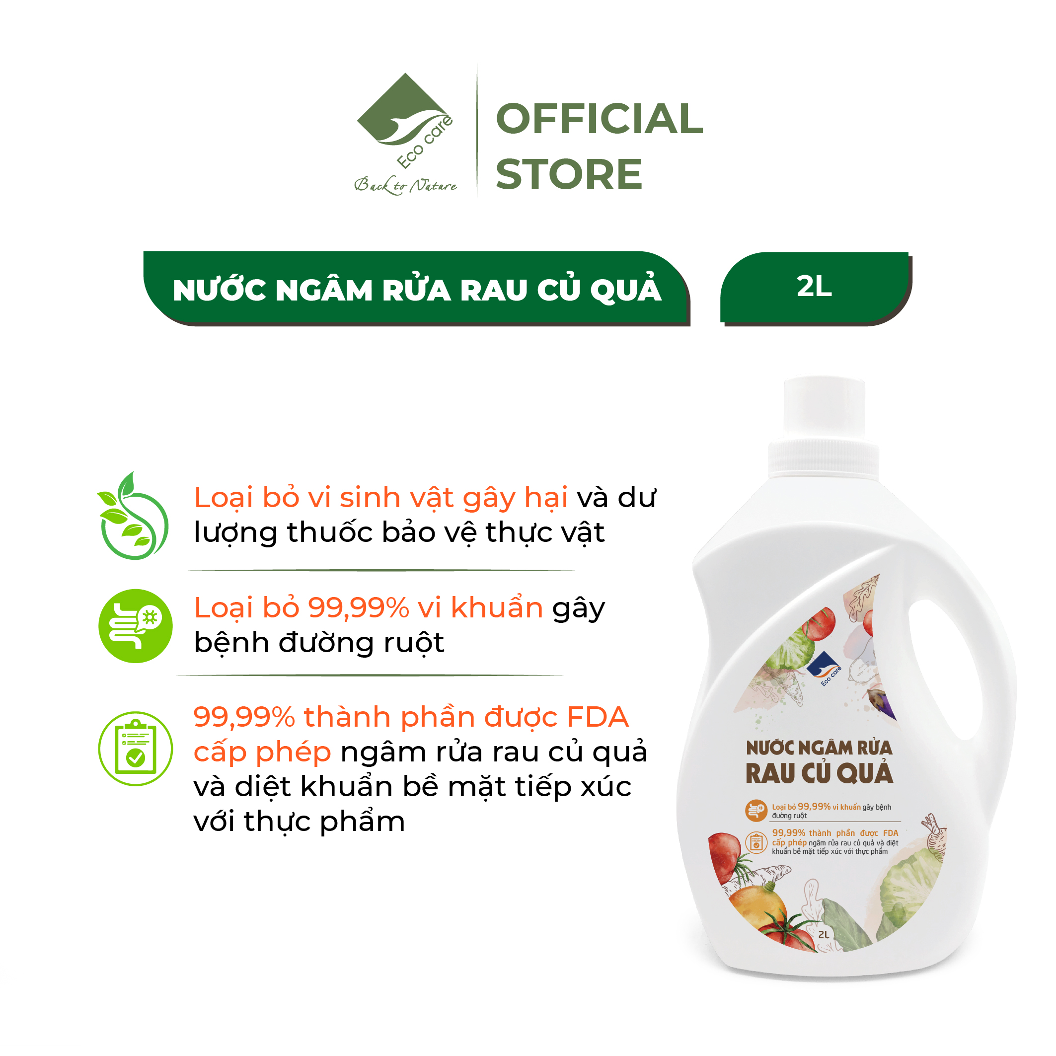 Nước Ngâm Rửa Rau Củ Quả Sinh Học ECOCARE Hương Cam 2L Làm Sạch Thực Phẩm 100% Enzyme