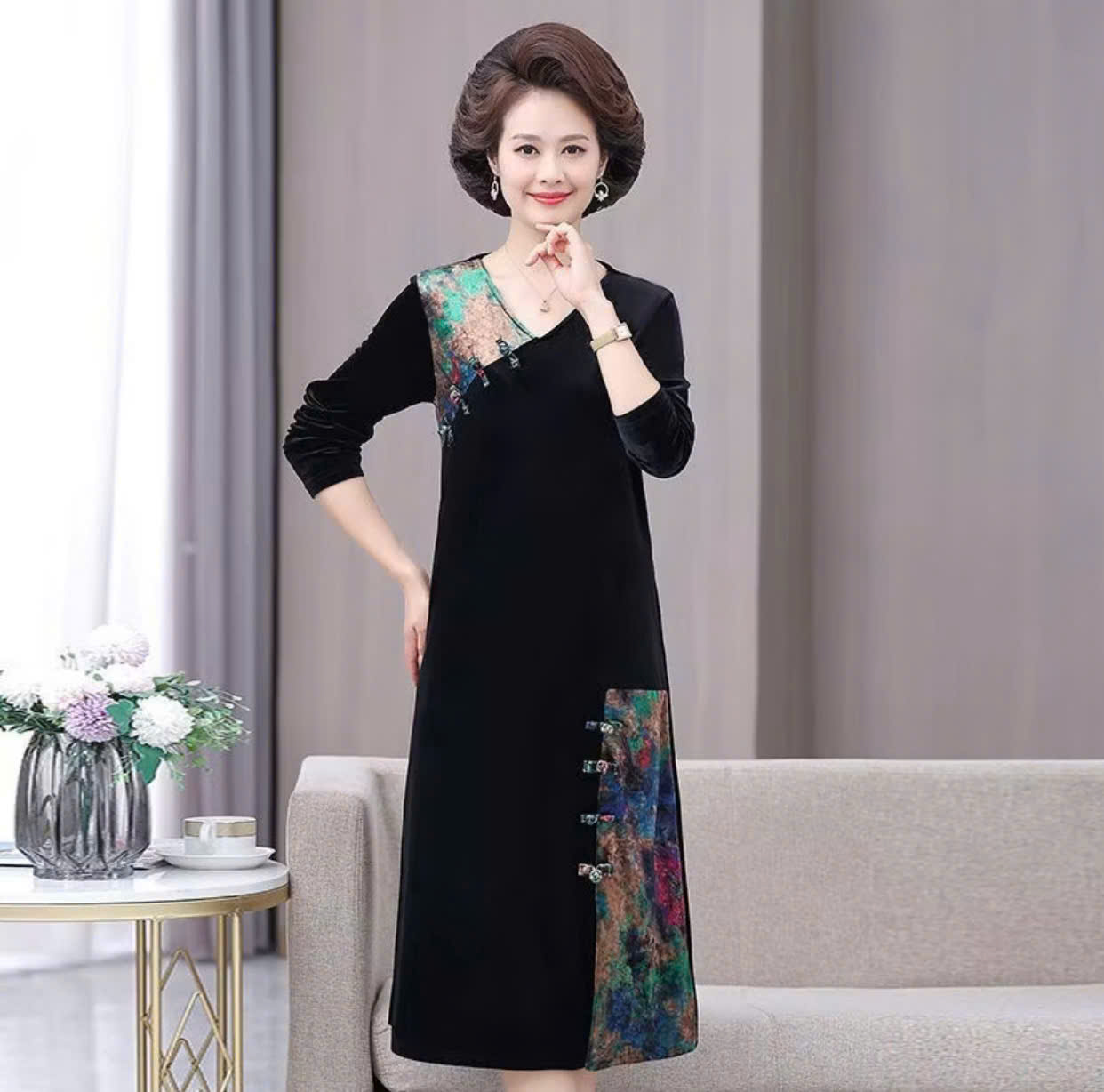 Đầm nữ trung niên cao cấp V62 - Đầm nhung thu đông đẹp sang trọng mặc dự tiệc dạ hội cho mẹ bà người