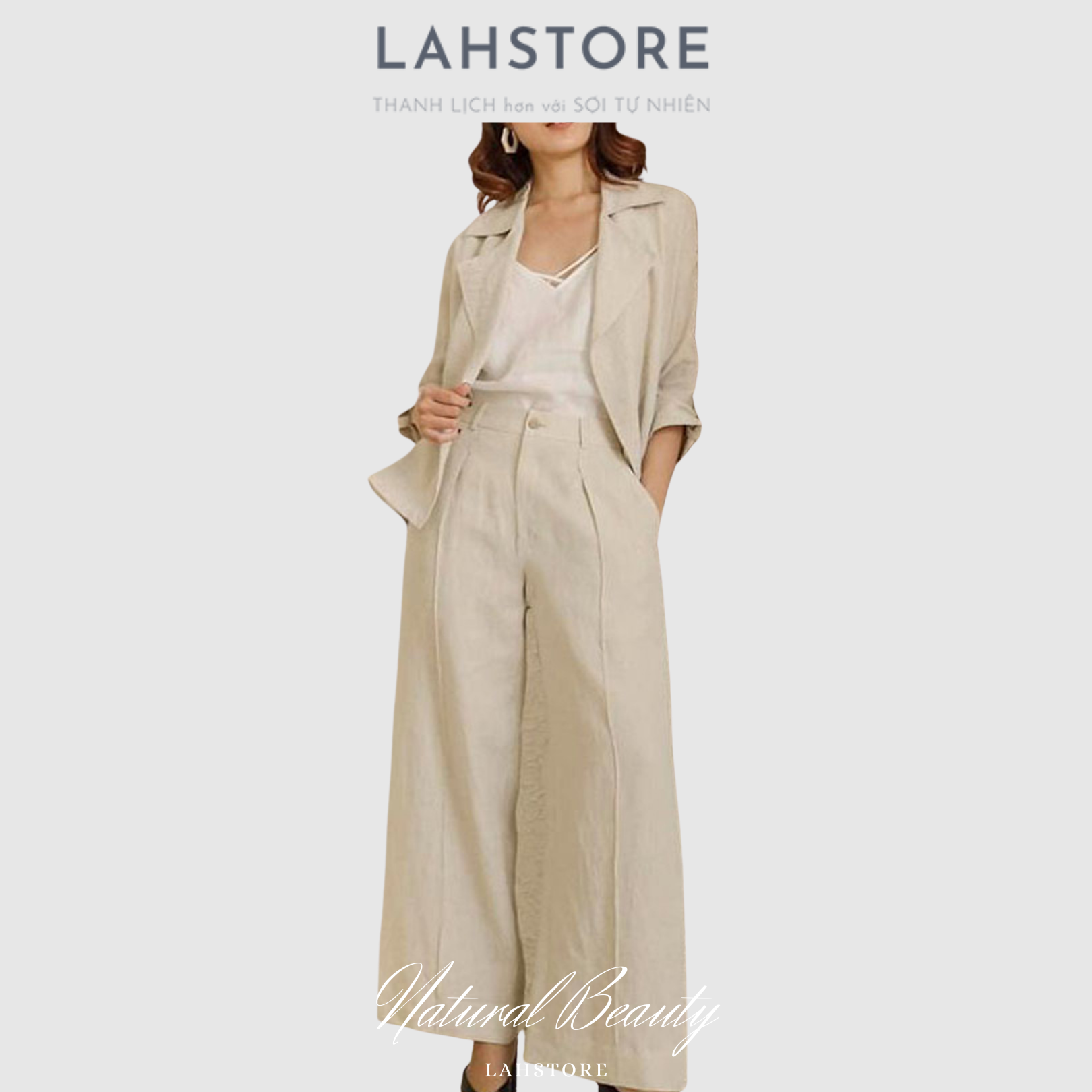 Set đồ nữ công sở vải linen Hàn Áo blazer tay lỡ cổ ve vuông &amp; quần dài suông rộng - LAHSTORE (Trắng)
