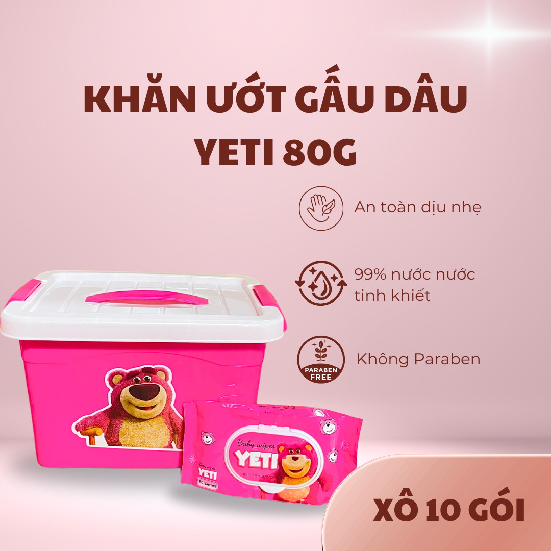Set Thùng nhựa + 10 Gói Khăn Giấy Ướt Gấu Dâu 80G Vải bi khổ 10x16cm Xô siêu xinh siêu tiện lợi