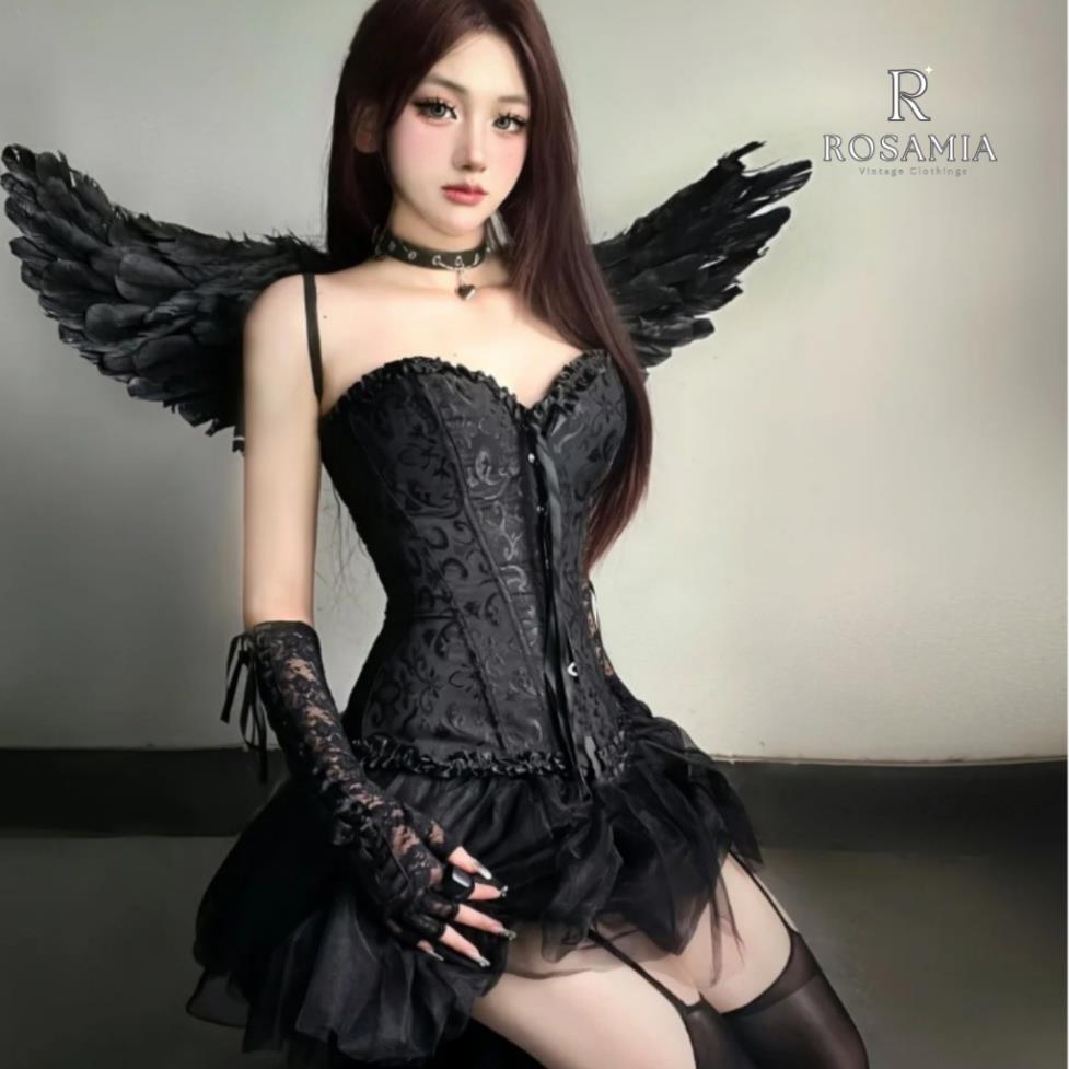 ROSAMIA - Full Set Black Angel (Corset Vintage Chân Váy Cánh Găng Tay) Nổi bật tiệc Party Prom Cospl