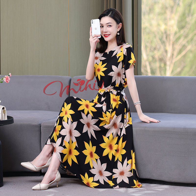 Váy Đầm Trung Niên Nữ Cho Mẹ Họa Tiết Dáng Dài qua gối V05 thời trang cho người lớn tuổi trung tuổi 