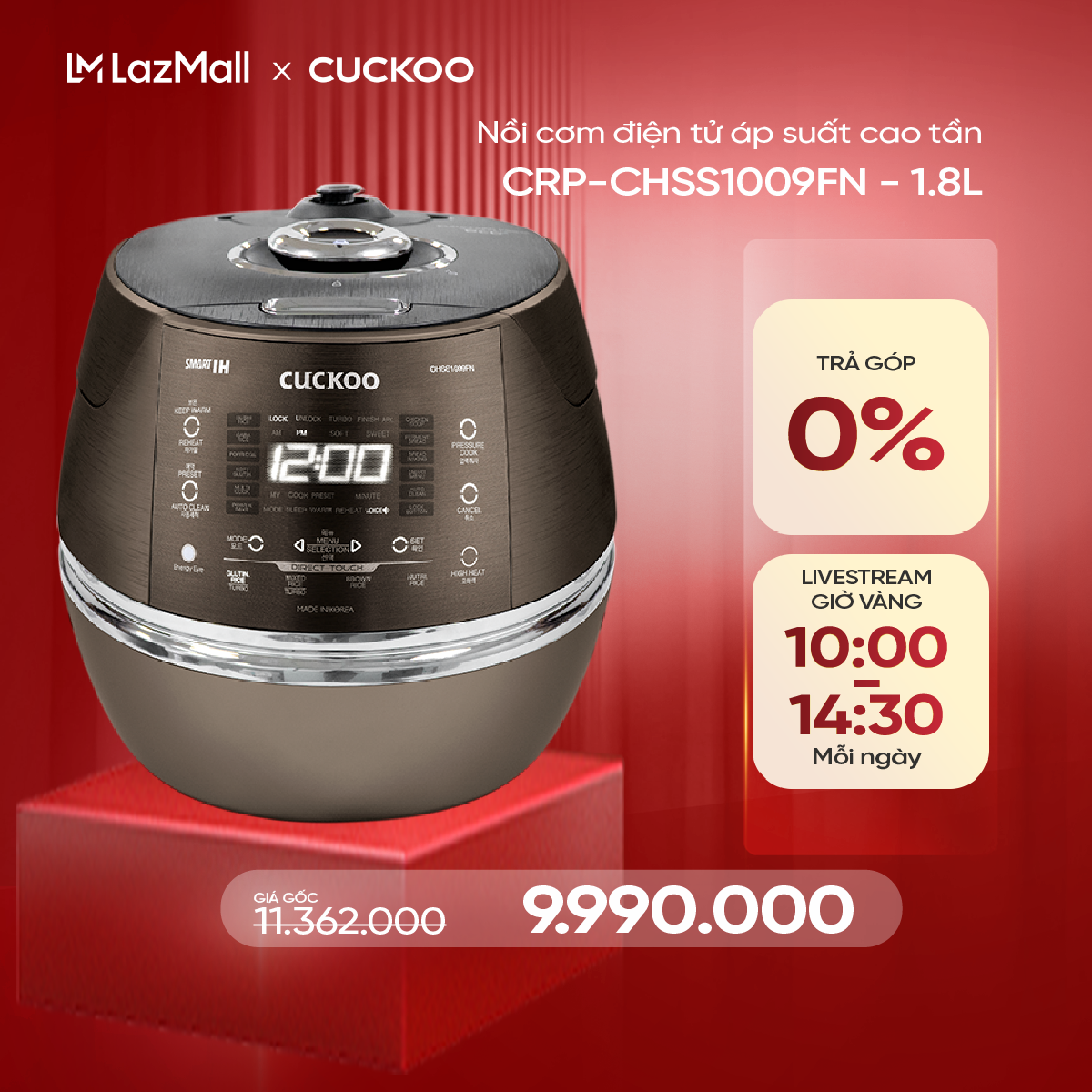 Nồi cơm điện tử áp suất cao tần Cuckoo 1.8L CRP-CHSS1009FN (Màu nâu) - Lòng nồi phủ men Xwall độc qu