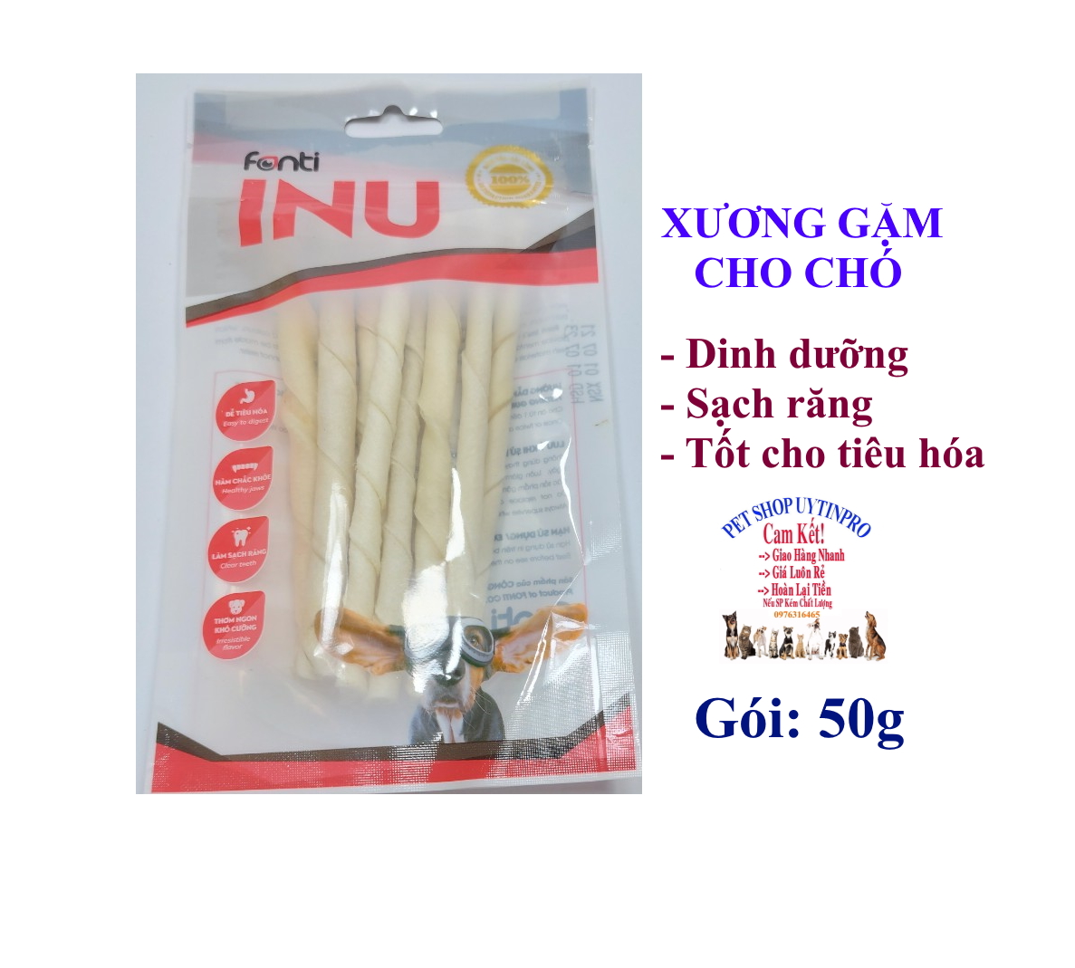 XƯƠNG GẶM CHO CHÓ Fonti INU C14 Que da heo Gói 50g Thơm ngon Dinh dưỡng Sạch răng Thơm miệng Giúp hà