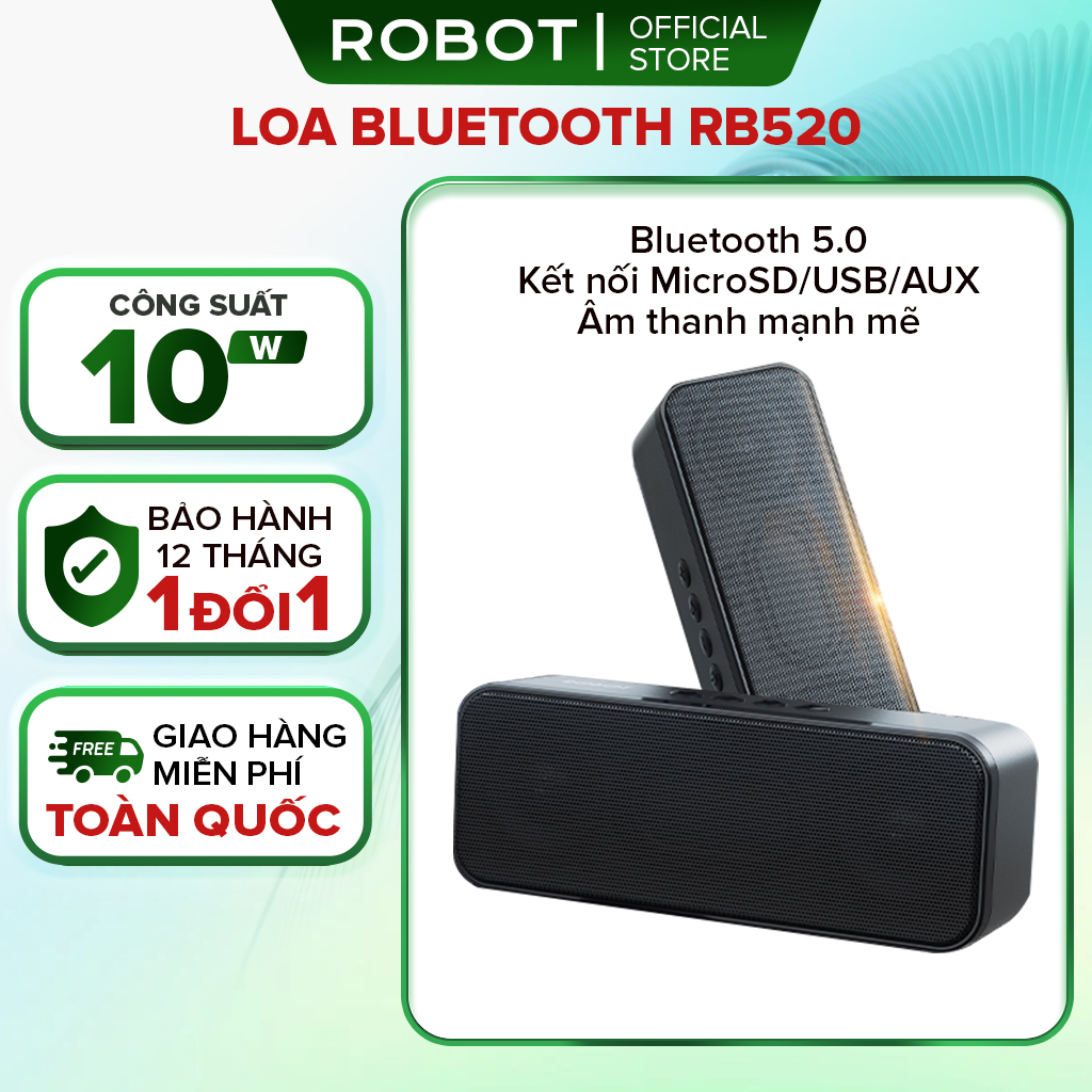 Loa bluetooth Robot RB520 công suất lớn 10W loa hỗ trợ nghe bluetooth USB cổng AUX thẻ nhớ TF tiện lợi dễ dàng mang đi - Hàng chính hãng bảo hành 12 tháng