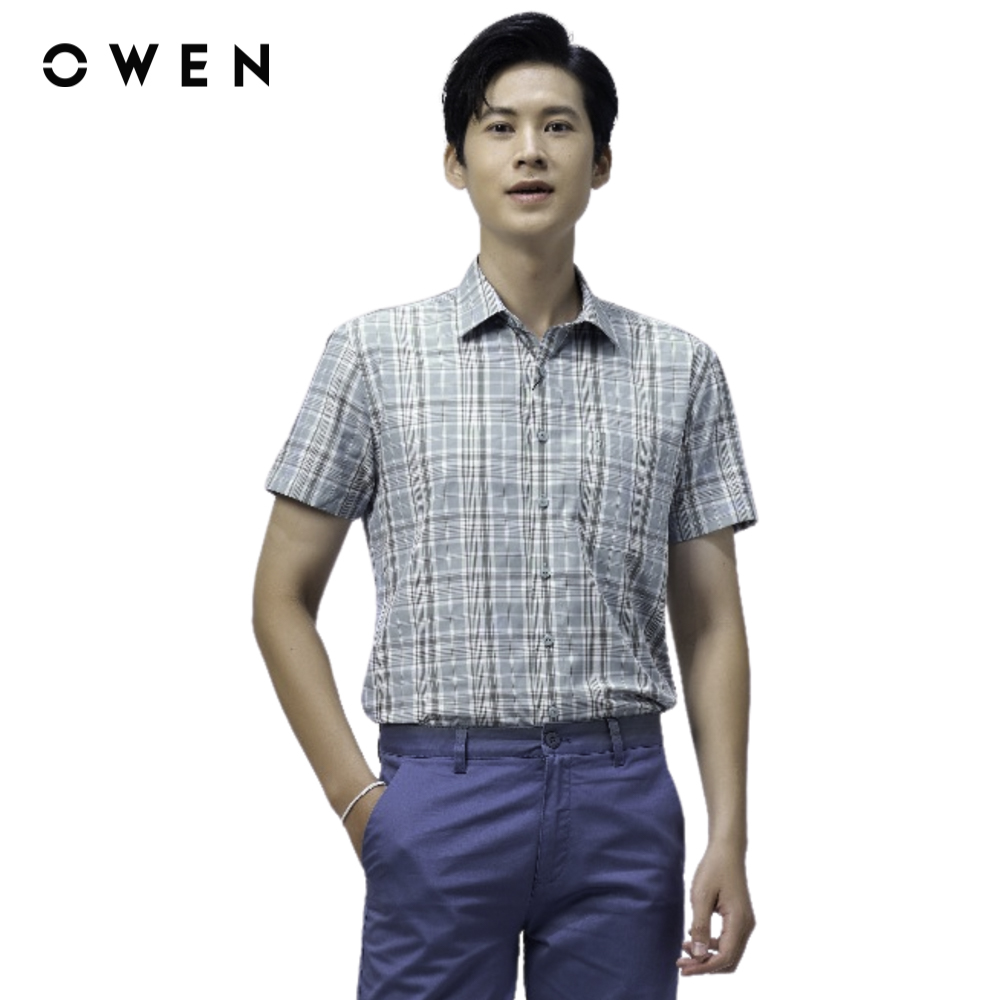 OWEN - Áo sơ mi ngắn tay Body Fit BA220780NT màu Xanh chất liệu Bamboo