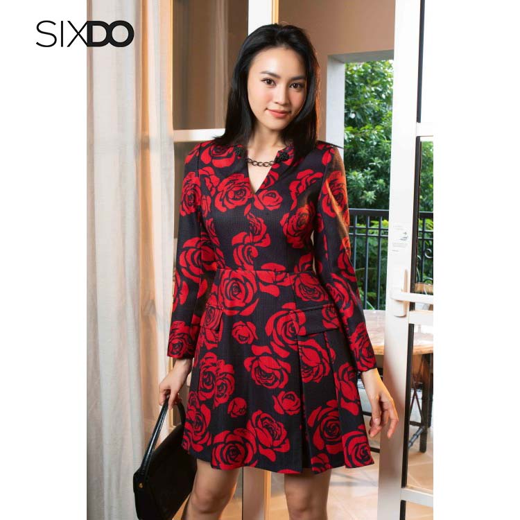 Đầm hoa hồng đỏ xếp ly to SIXDO (Black Rose Pleated Mini Raw Dress)