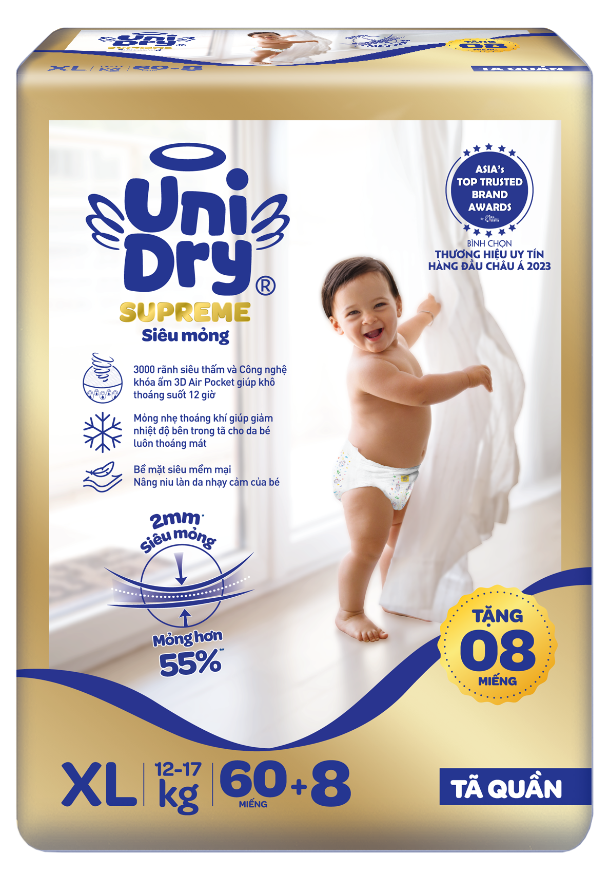 [Siêu mỏng 2mm] Combo 6 Tã quần UniDry Supreme size M76/L68/XL60/XXL54 + 8 miếng