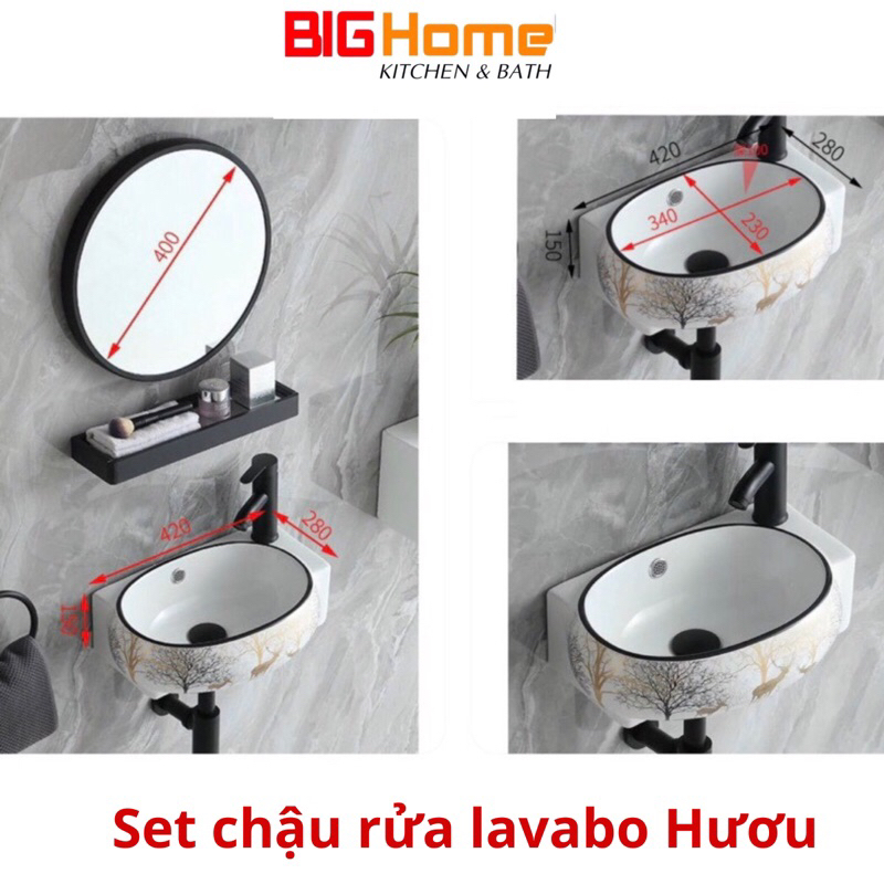 Chậu rửa lavabo treo tường mini cực xinh hình hươu hình nai siêu dễ thương hoa văn phong cách tối gi