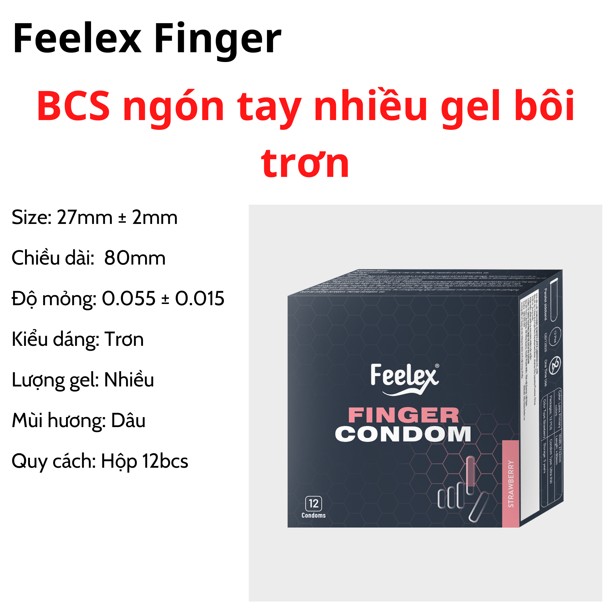 Bao cao su ngón tay Feelex Finger Condom hương dâu hộp 12 chiếc nhiều gel bôi trơn