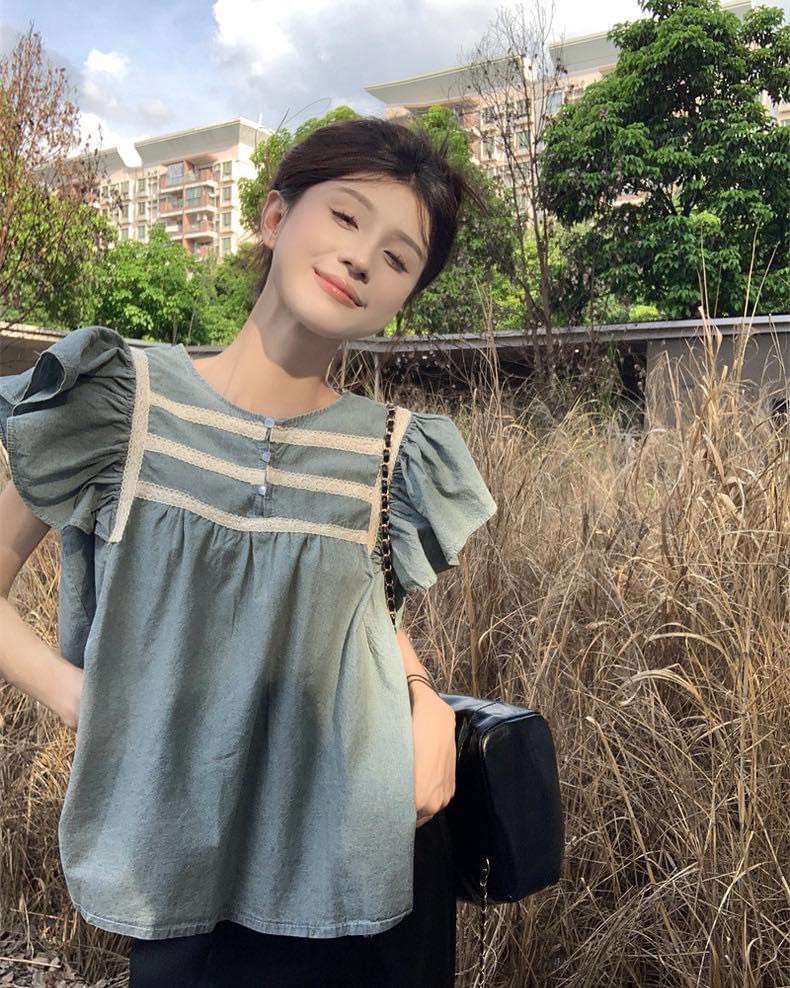 Áo babydoll giả jeans cánh tiên phối ren 2 màu siêu xinh freesize <56kg - A.8713 - CHAKOVET