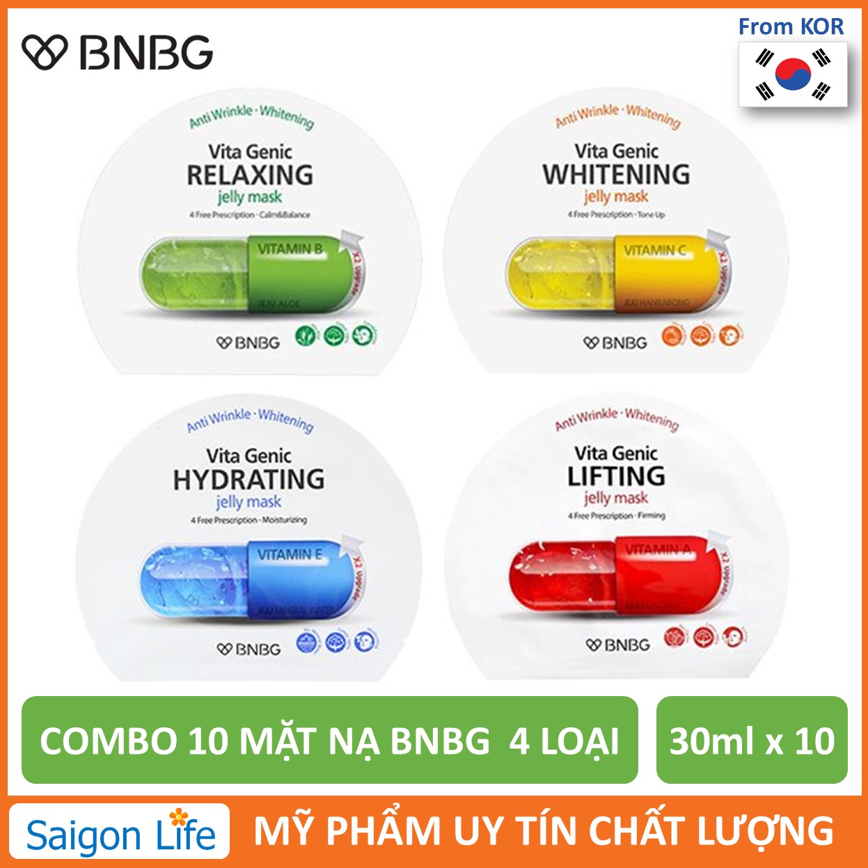 Combo Mix 10 Mặt Nạ Giấy Bnbg Vita Genic Jelly Mask 30Ml X10 (Lifting Whitening Relaxing Hydrating)