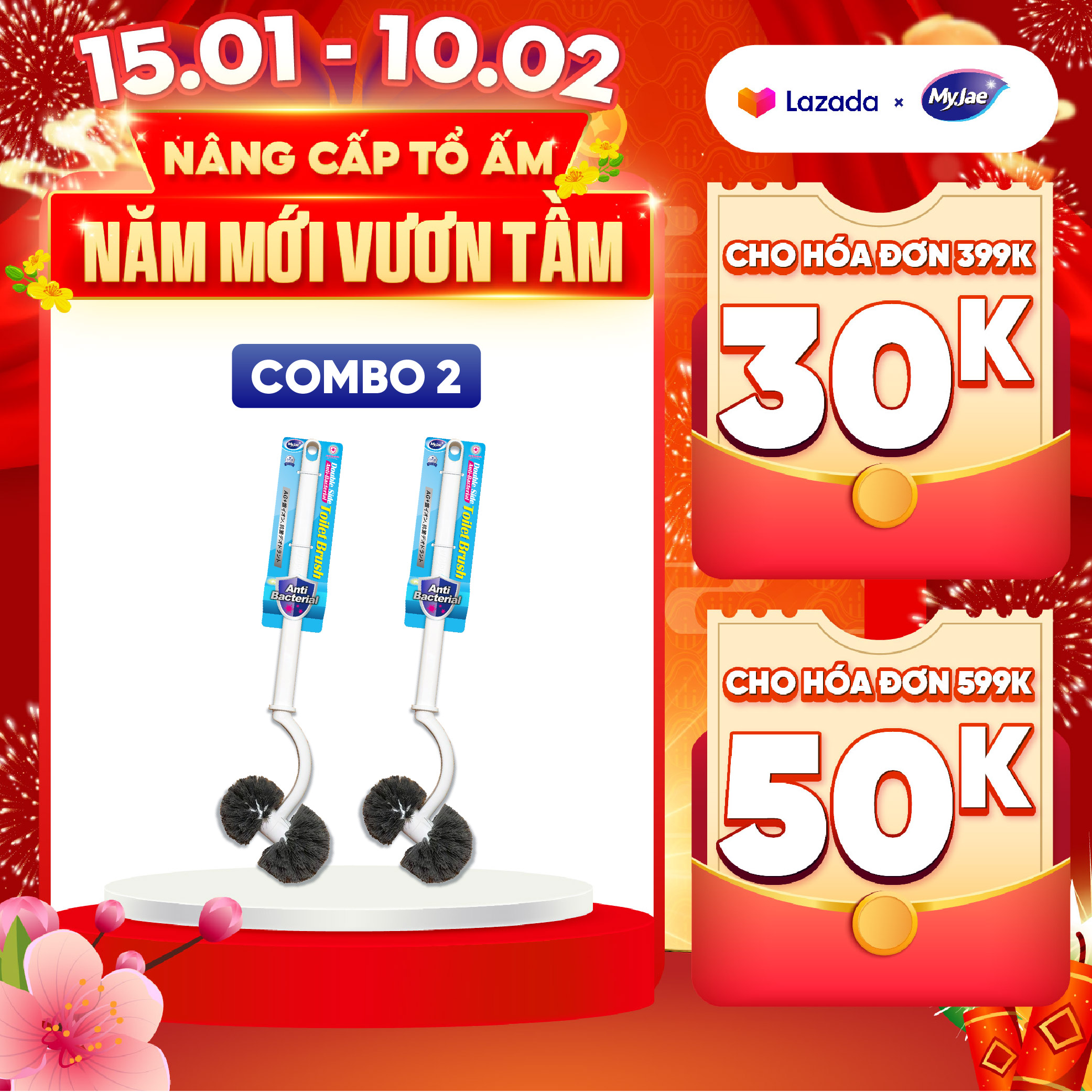 Combo 2 Cây Chà Bồn Cầu MyJae Cọ Chà Toilet  Loại  2 Đầu Tròn Kháng Khuẩn 45cm