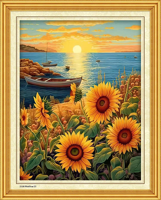 PHÔI Tranh thêu chữ thập phong cảnh hoa hướng dương 2118 50*65cm - thêu kín