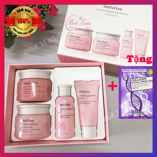 Bộ Dưỡng Ẩm Và Nâng Tông Sáng Da Innisfree Jeju Cherry Blossom (Set 4 Sản Phẩm)