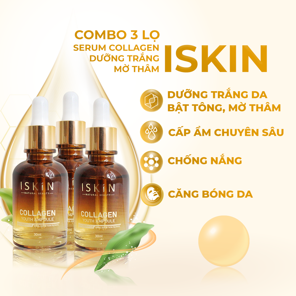 Combo 3 Hộp Serum Collagen Dưỡng Trắng Da Mờ Thâm Cấp Ẩm Trẻ Hóa Da Và Chống Nắng ISKIN Collagen You