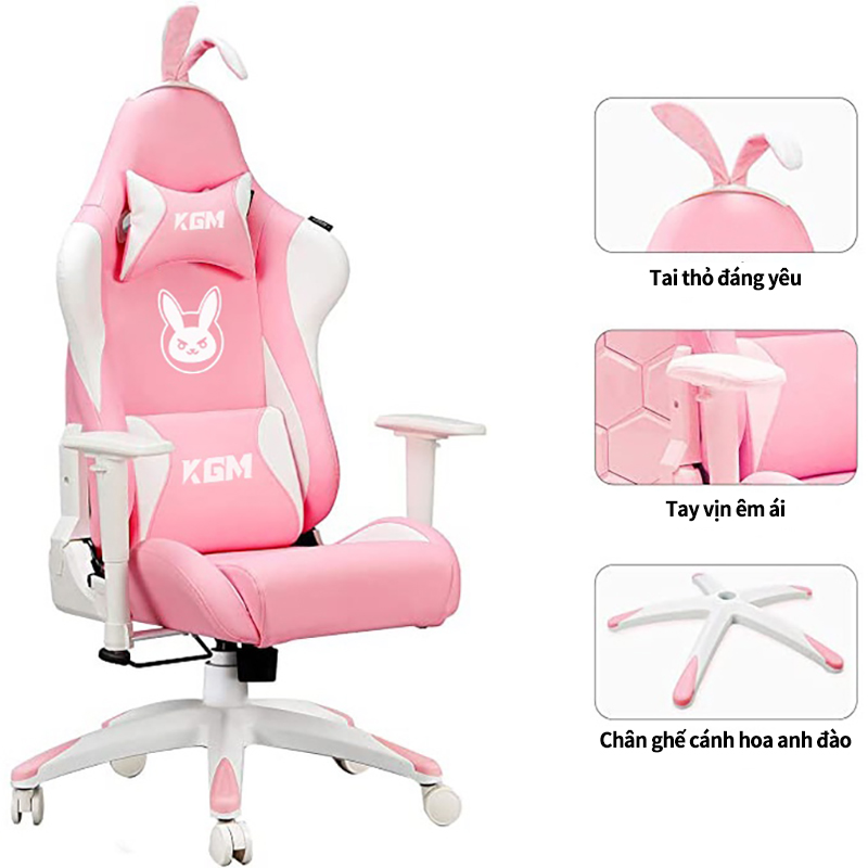 Ghế Gaming cao cấp ngả lưng 180 độ - Ghế gaming công thái học bọc nệm ghế streamer màu hồng.màu hồng tai thỏ