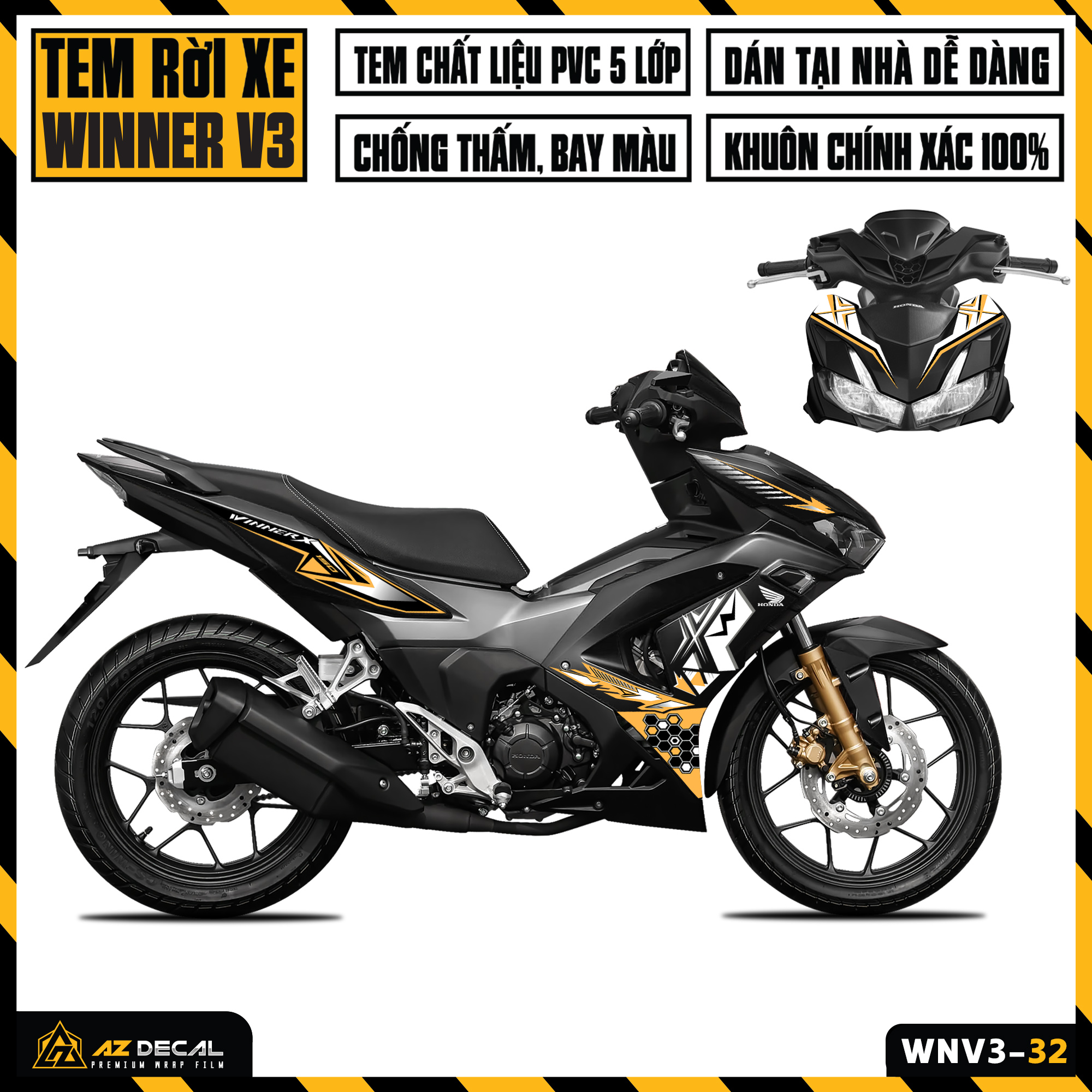 Tem Xe Winner V3 | WNV3-32 | Team Decal Hình Dán Winner X 150 2022 Đen Đỏ Trắng Xám Chống Nước Bền M