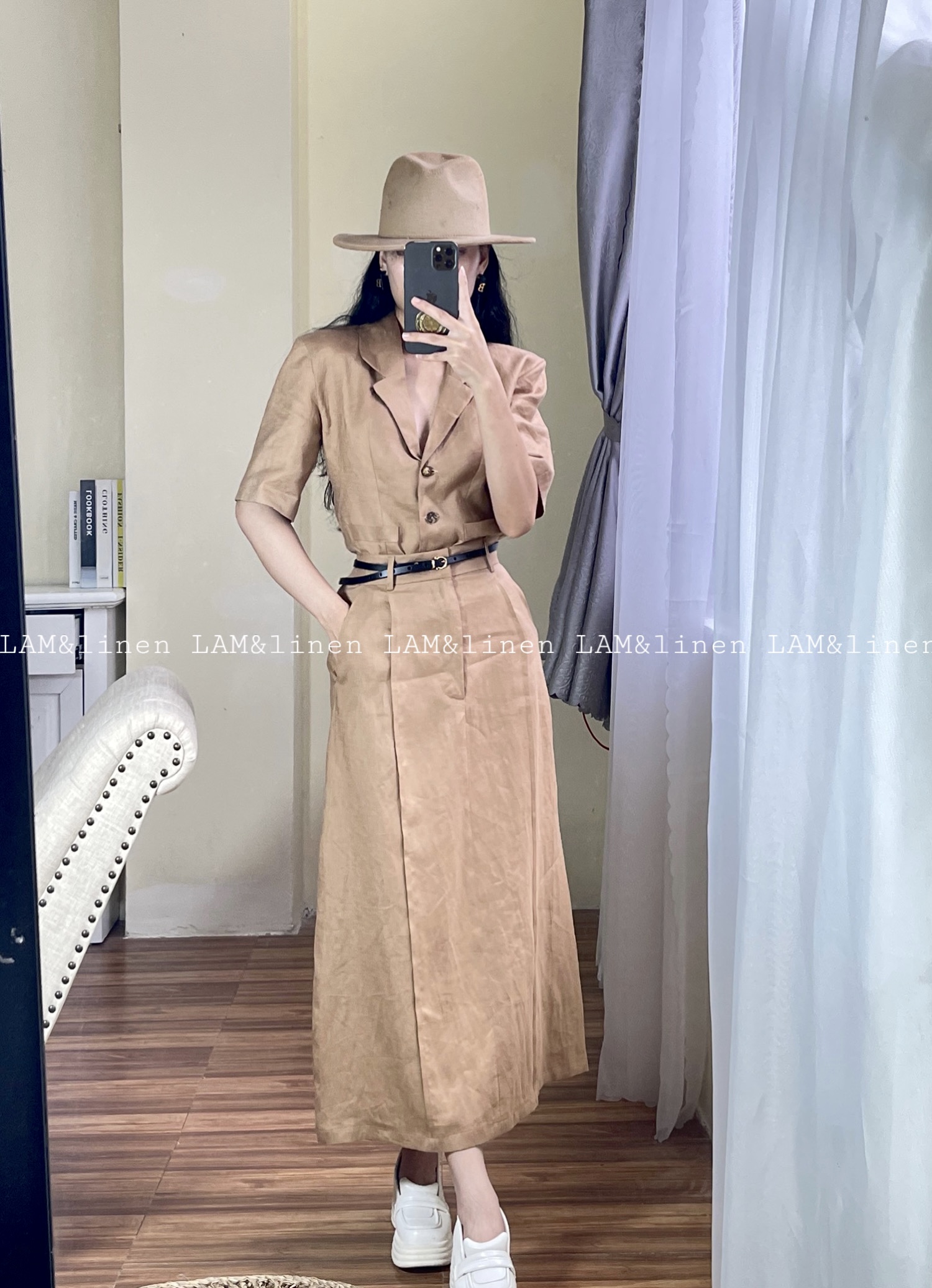 Áo Blazer vai độn và Chân váy dài midi 6 mảnh- Linen Tưng Premium