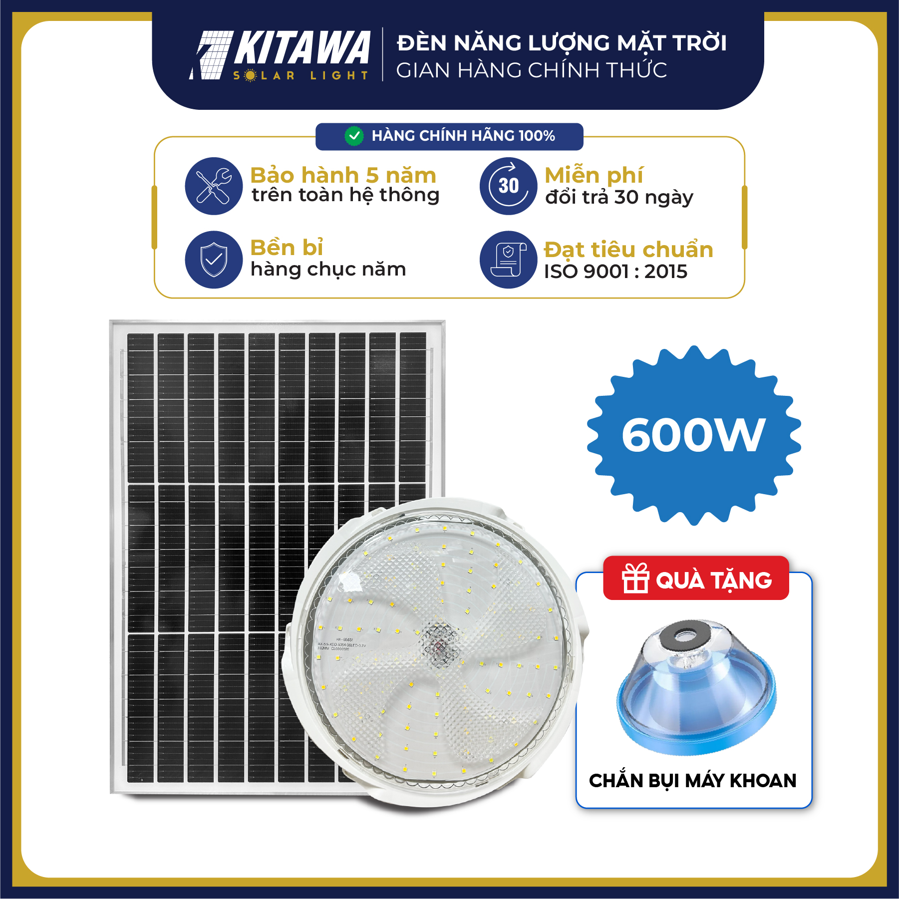 Đèn Ốp Trần Năng Lượng Mặt Trời KITAWA 600W OP3600 Thiết Kế Sang Trọng 3 Chế Độ Ánh Sáng