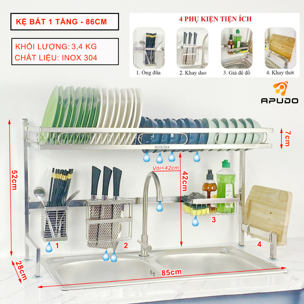 Kệ Bát Đĩa INOX 304 Thông Minh 1 - 2 Tầng Giá Đựng Chén Bát Đĩa Gác Bồn Rửa Inox Hàng Cao Cấp Siêu B