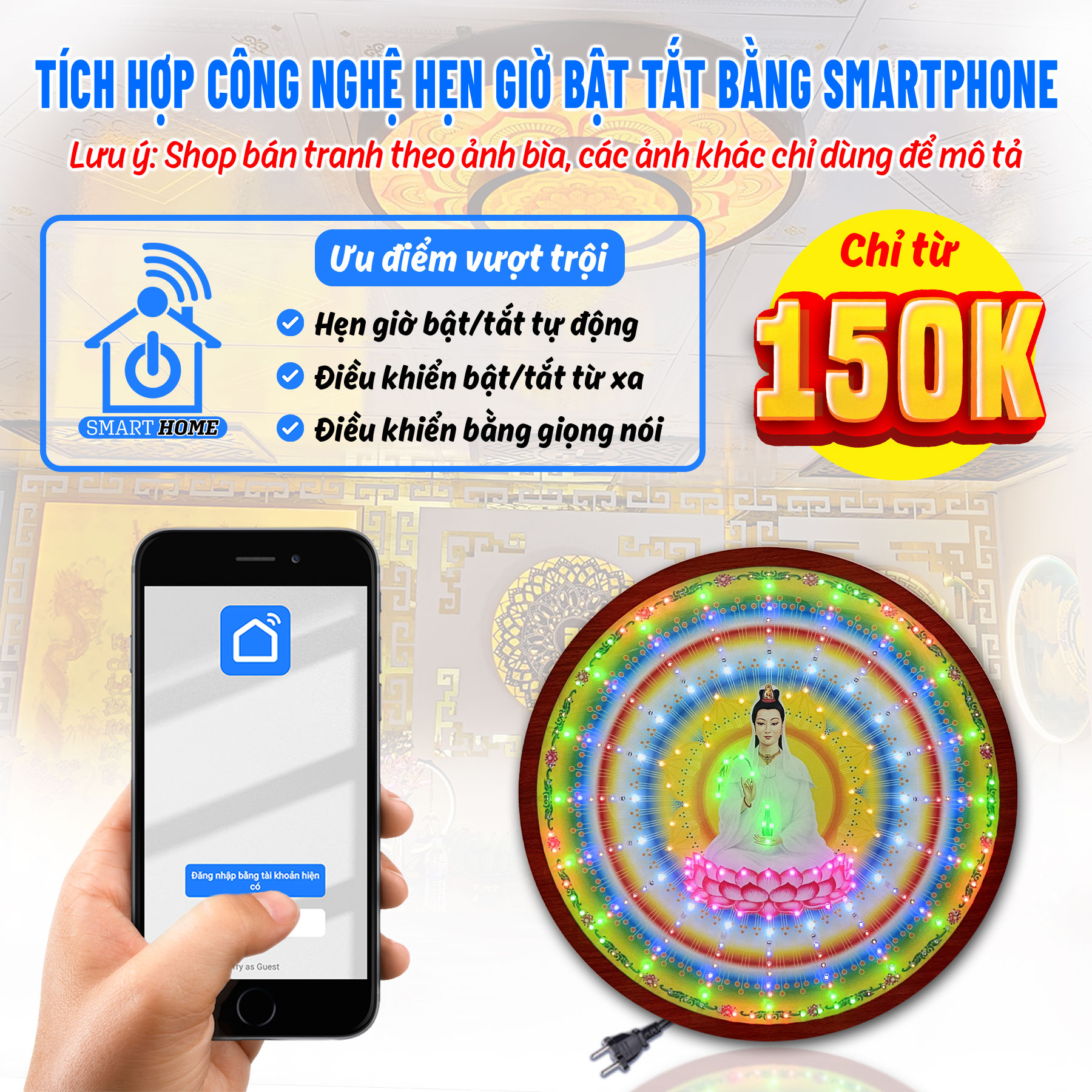 Hào Quang Led 8 Chương Trình Quan Thế Âm Bồ Tát Đèn Trang Trí Bàn Thờ Treo Cùng Tượng Phật HQ-8CT-06