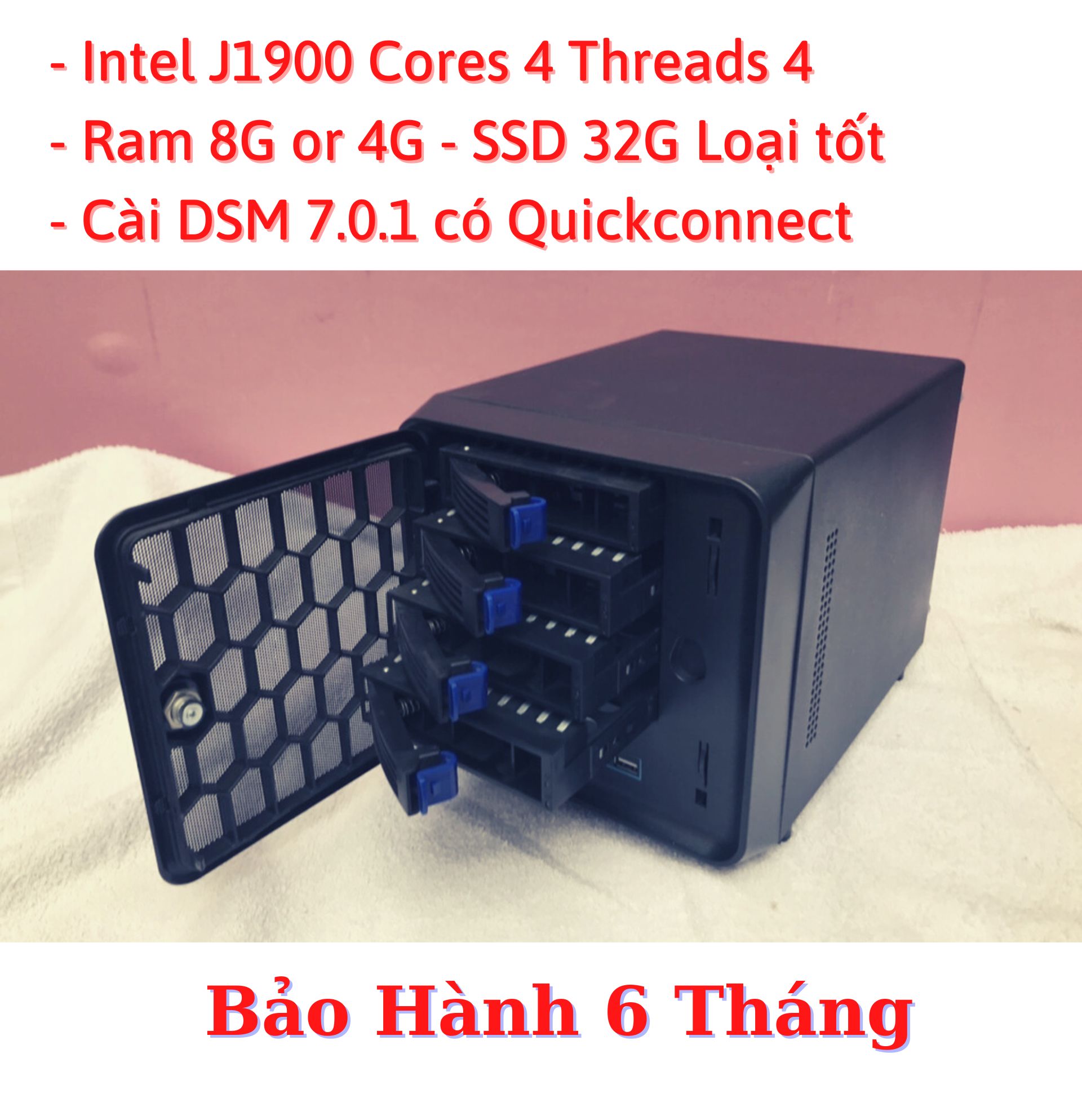 Nas J1900 XPEnology CPU 4 lõi 2.0Ghz DS918+ Ram 4G SSD 32G Đầu ghi hình camera(4 bay HDD)