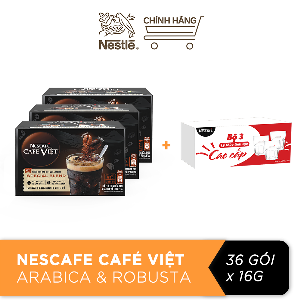 [Tặng bộ 3 ly sọc khía Nescafe] Combo 3 hộp cà phê đen hòa tan Arabica và Robusta Nescafé Café Việt (Hộp 12 gói x 16g)