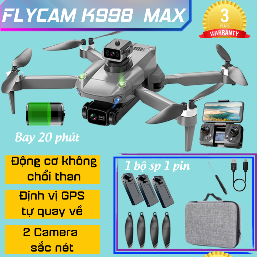 PIycam điều khiển từ xa K998 Max - fIycam mini giá rẻ trang bị camera kép 4k Máy bay flycam P9 cảm biến chống va chạm trên không động cơ không chổi than bền bỉ định Vị G.P.S Tự động bay về