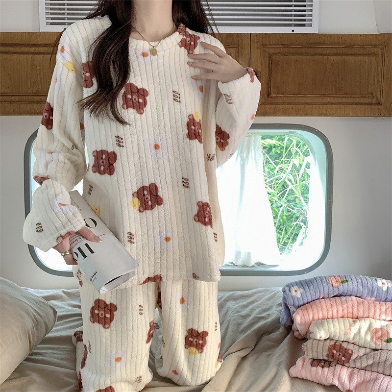 Bộ đồ ngủ nữ dài tay nhiều màu vải lông cừu san hôBộ pijama nữ ấm áp mùa đông phong cách ulzzang dễ thương KUDOSHOP