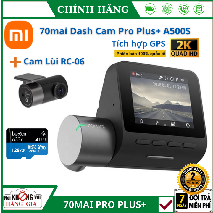 (Tùy chọn kèm cam lùi - Bảo hành 2 năm) Camera Hành Trình Xiaomi 70mai Dash Cam Pro Plus A500S Bản Quốc Tế - GPS  chuẩn 2K - camera 70mai  camera hành trình ô tô  camera hành trình 4k chống rung