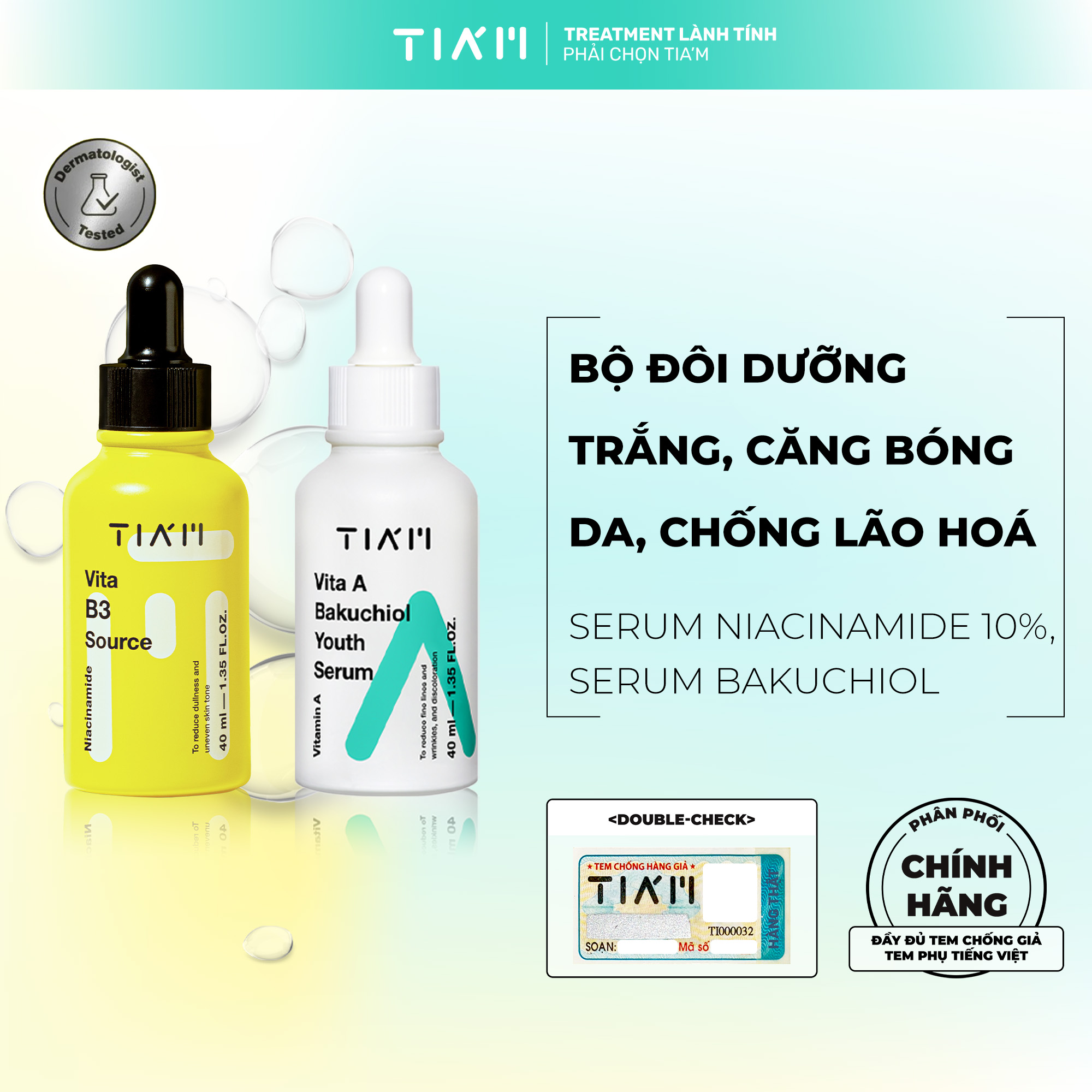 Bộ Đôi Dưỡng Trắng Căng Bóng Da Chống Lão Hoá Serum Niacinamide 10% Serum Tiam Bakuchiol 40ml