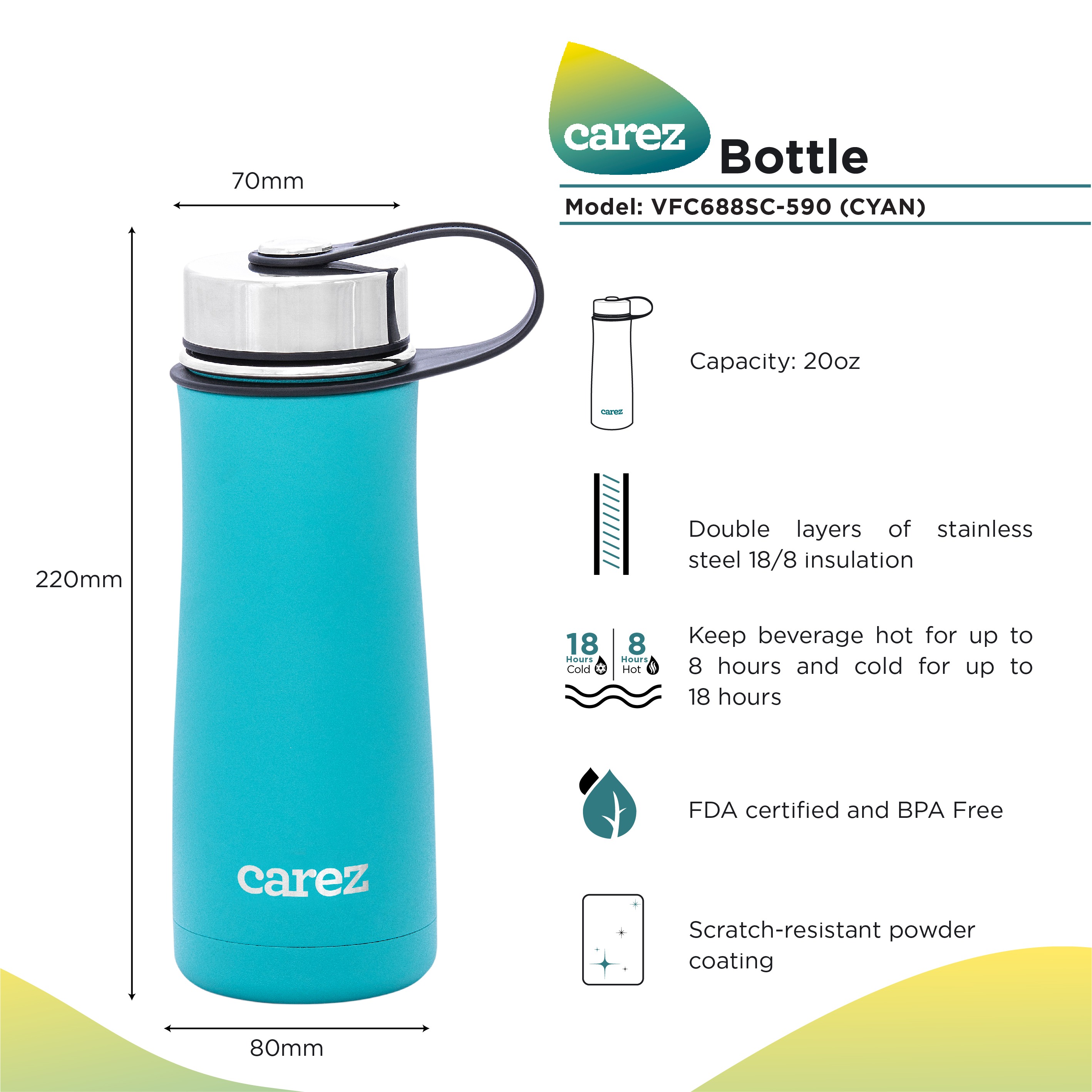 Bình Giữ Nhiệt Carez VFC688SC-590 - 590ml - Inox 304 không chứa BPA - Giử nóng đến 8 giờ và giữ lạnh