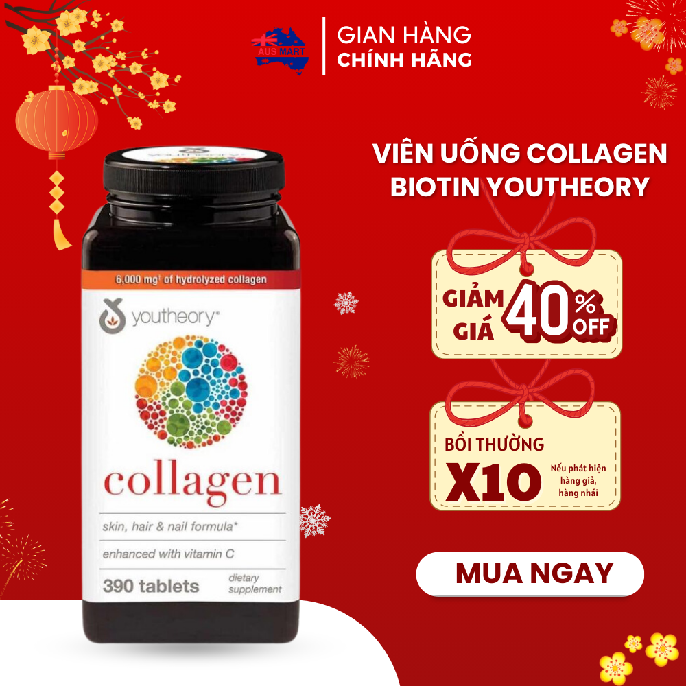 Viên uống Collagen Biotin Youtheory Mỹ (390v) giúp làm đẹp da móng chắc khỏe tóc óng mượt