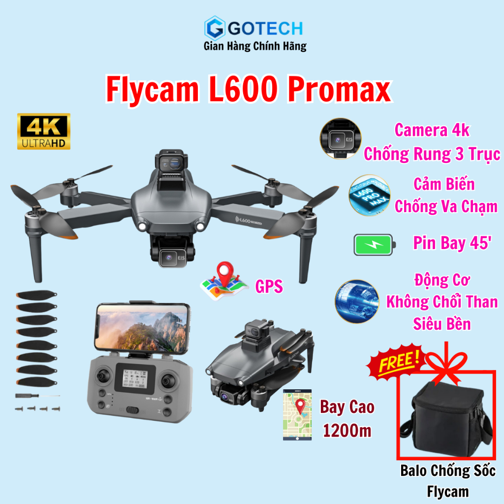 Máy bay Flycam  L600 Pro Max camera 4K   Flycam cảm biến chống rung  định vị GPS thông minh bay xa tới 3000m Playcam  quay phim chụp ảnh chính hãng