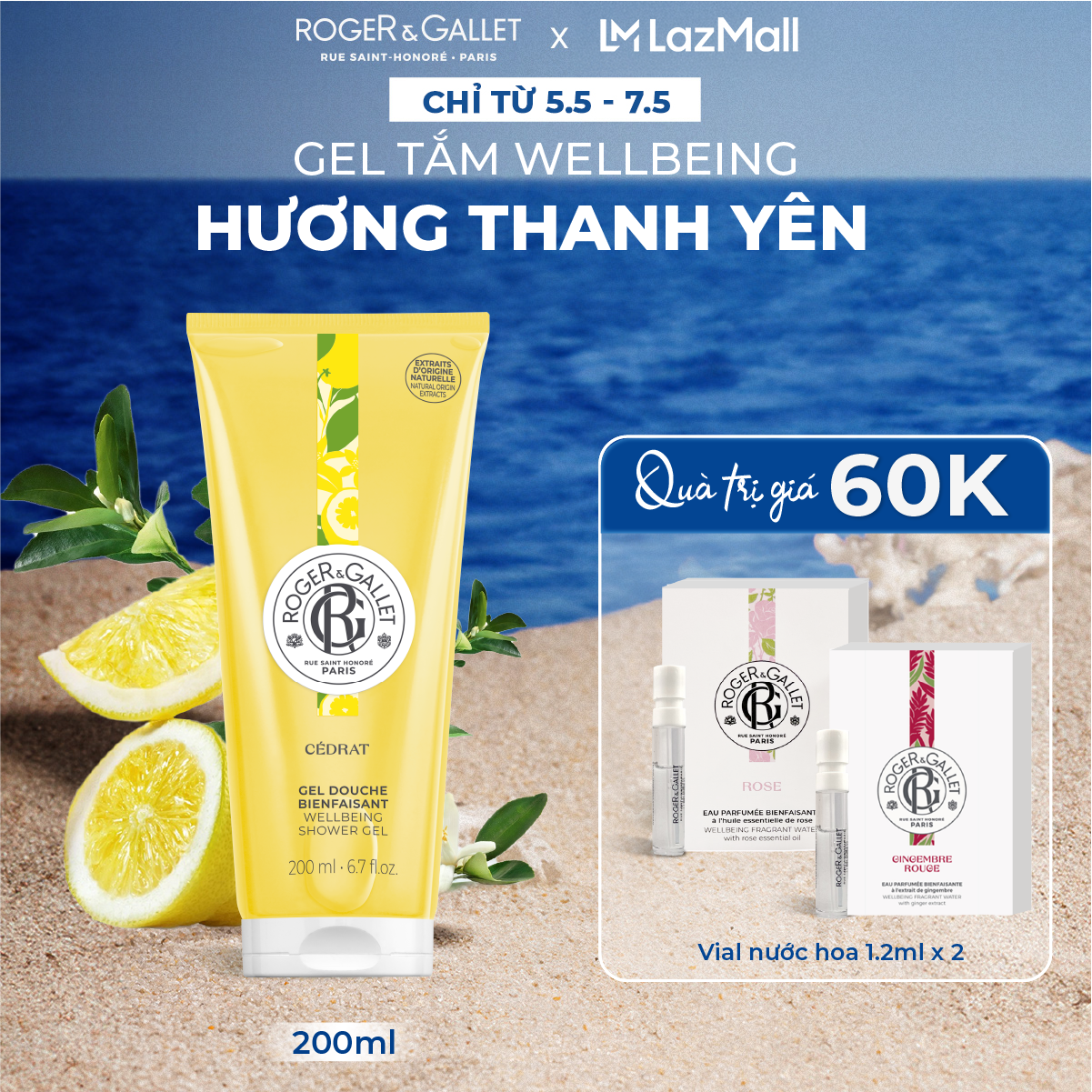 Gel tắm Wellbeing hương thanh yên Roger&Gallet Cédrat 200ml