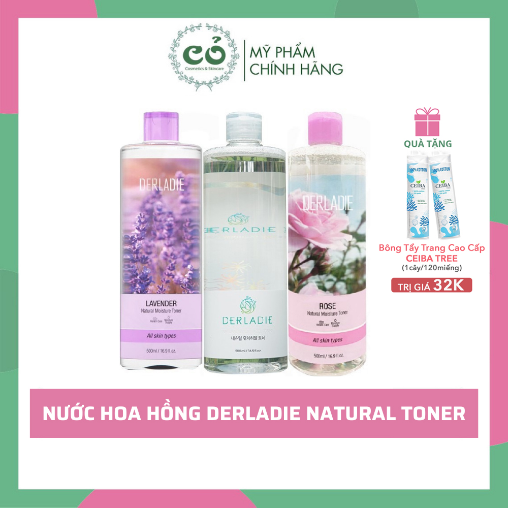 Nước Hoa Hồng Derladie Natural Toner 500Ml [Tặng Bông Tẩy Trang Ceiba120M]