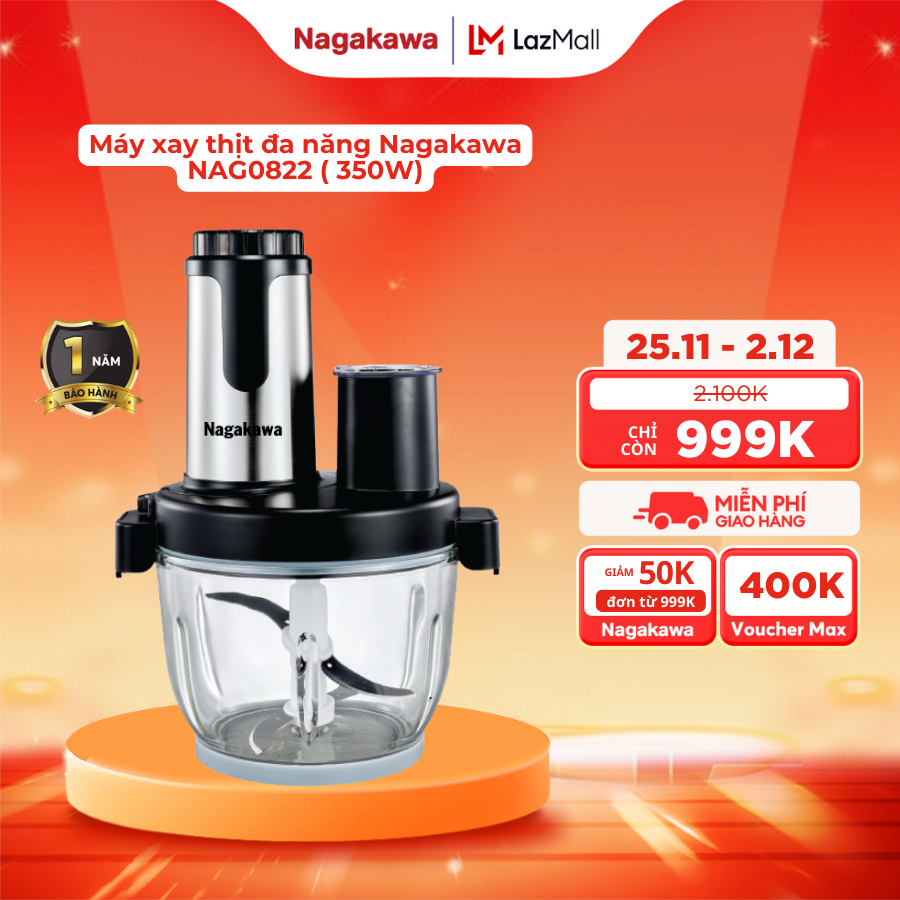 Máy xay thịt đa năng Nagakawa NAG0822 - Cối thủy tinh 2L, lưỡi dao kép, 6 chức năng
