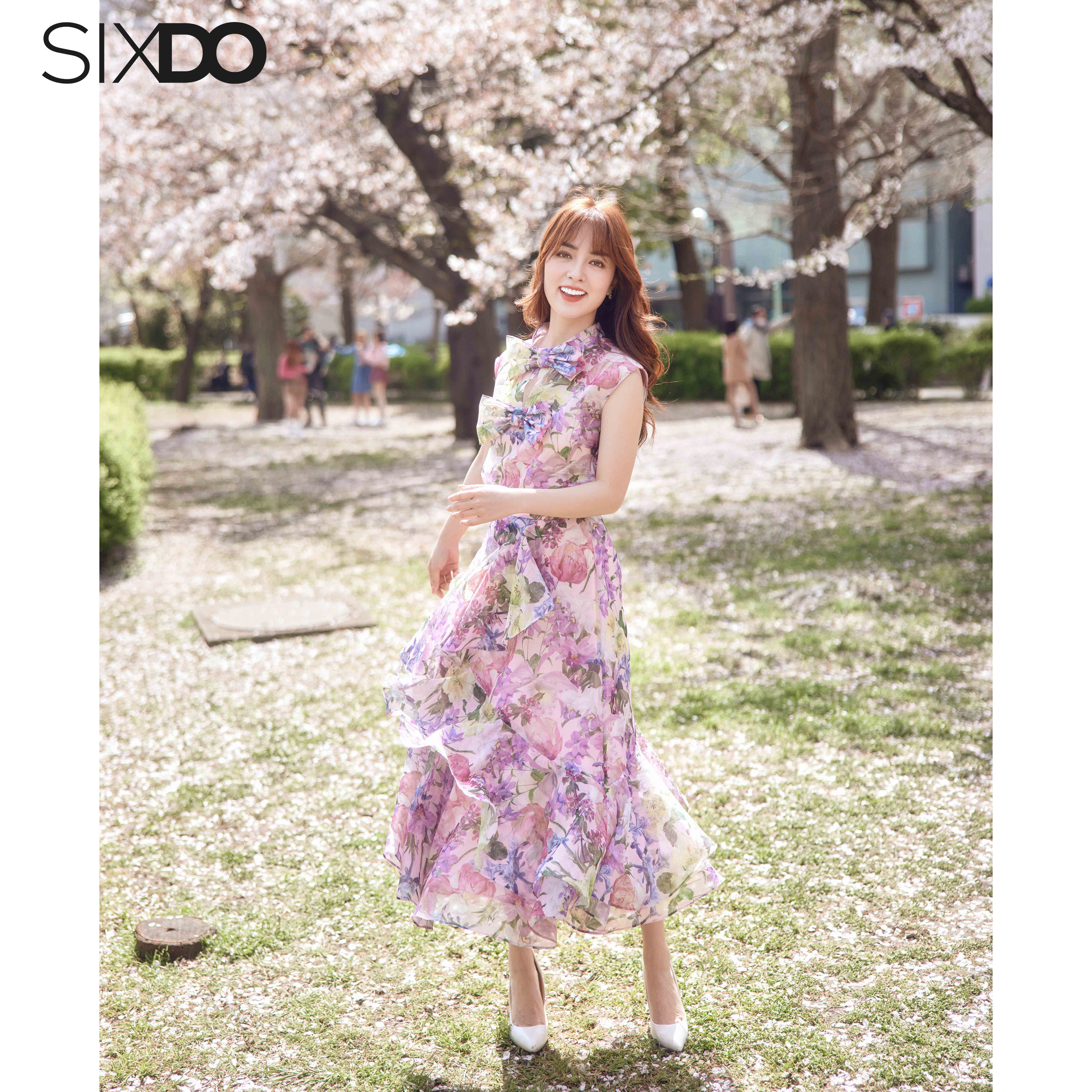 Chân váy tơ organza xếp tầng SIXDO (Pink Floral Ruffled Midi Skirt)
